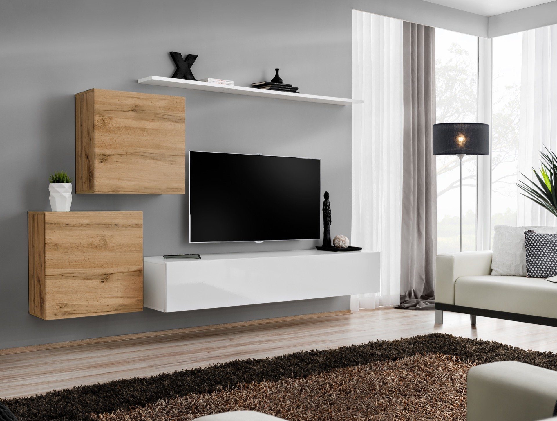 Stylefy Wohnwand bestehend Modern, Optik (Wohnmöbel, Wohnzimmer-Set, Holzwerkstoff Eiche Wotan mit - Push-to-Open, aus 2xHängeschrank, Set (4-St), Hochglanzfronten, 1xWandboard, variabel 1xLowboard, Weiß aus V, hängbar, Swotch