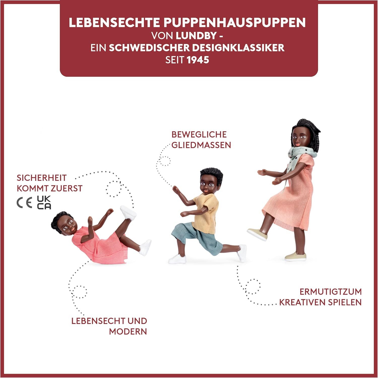 Lundby Biegepuppe Lundby Puppen f. Puppenhaus dunkelhäutige Puppenfamilie Billie 1:18 3+ (5-tlg), dunkelhäutige Puppenfamilie
