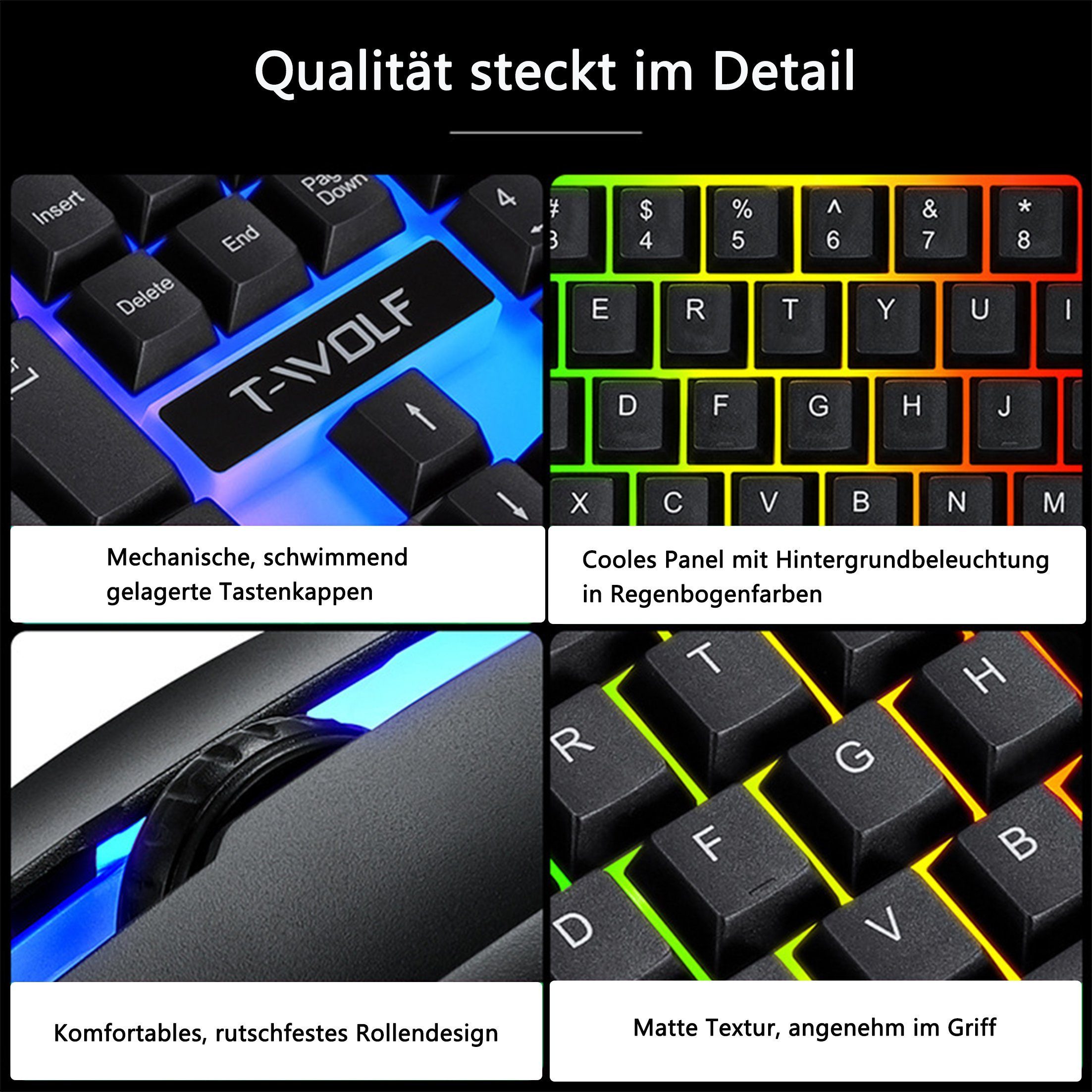 KINSI Kabelgebundene Tastatur und Maus Set mit schwebenden Tasten Tastatur- und Maus-Set, kühler RGB-Hintergrundbeleuchtung – Bild 4 von 5