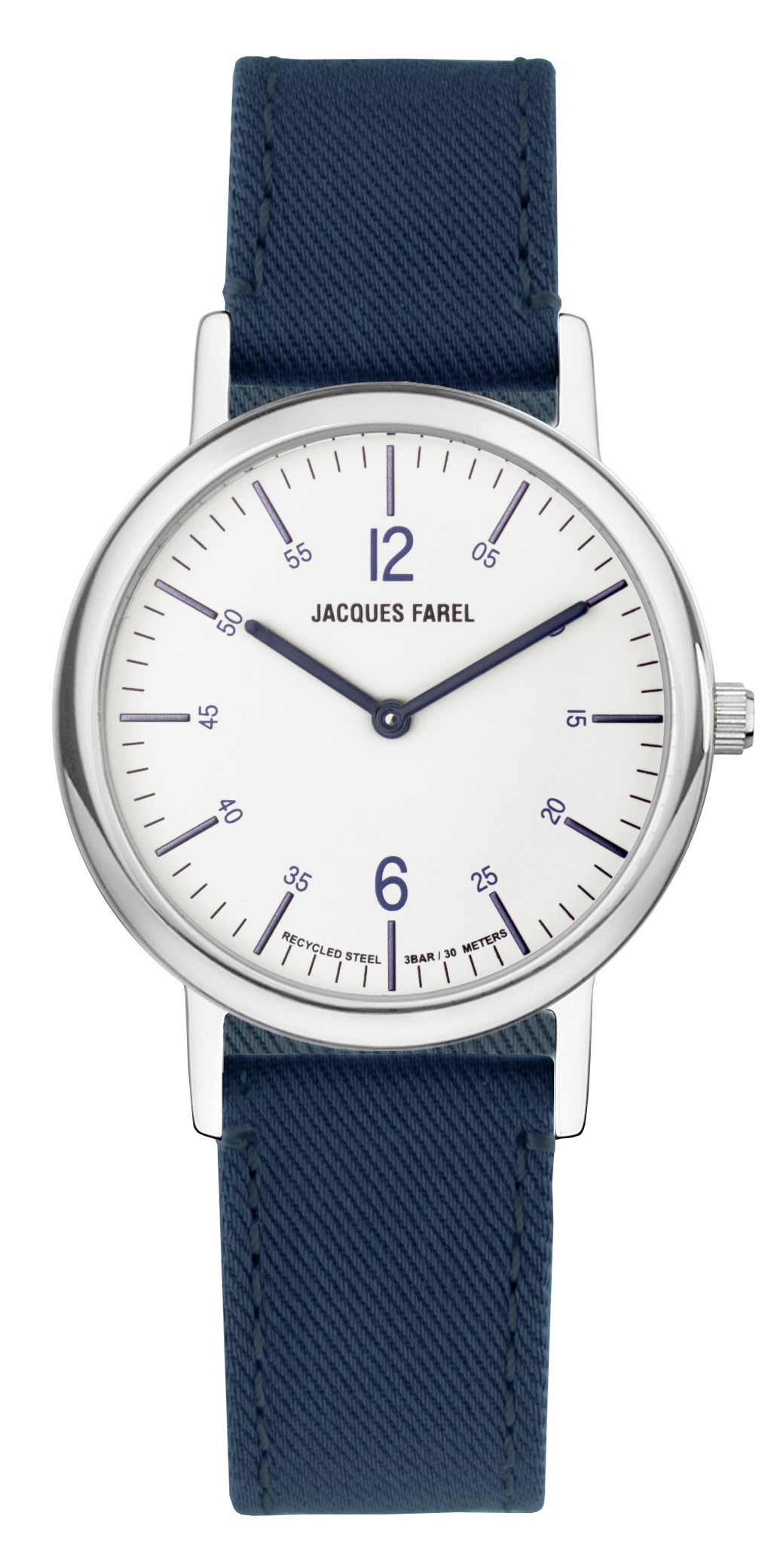 Jacques Farel Quarzuhr ORS5555 nachhaltige Damen Armbanduhr Recycling-Stahlgehäuse Lyocellband 3 bar, Analog Dunkelblau Ökouhr ökologisch Geschenk Frauen Ø38 mm