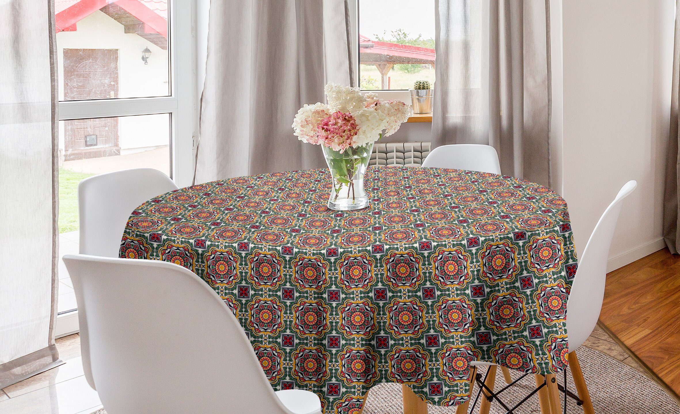 Abakuhaus Tischdecke Kreis Tischdecke Abdeckung für Esszimmer Küche Dekoration, Mosaik Folklore-Blumenmuster