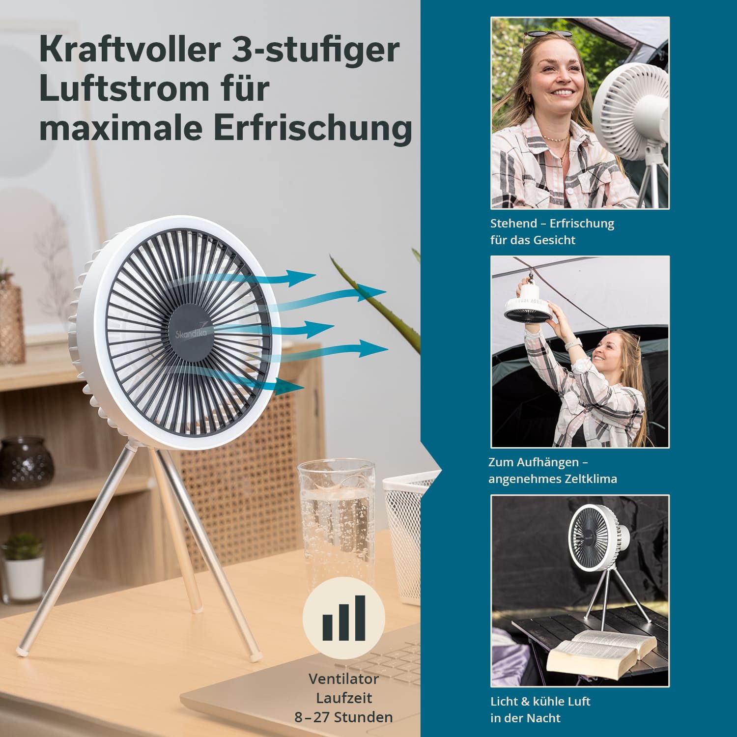 Skandika LED Gartenleuchte Campinglampe Solvind mit Ventilator, Dreistufig dimmbar, mit Tischventilator & Powerbank, Ringlicht weiß, mit USB Typ C