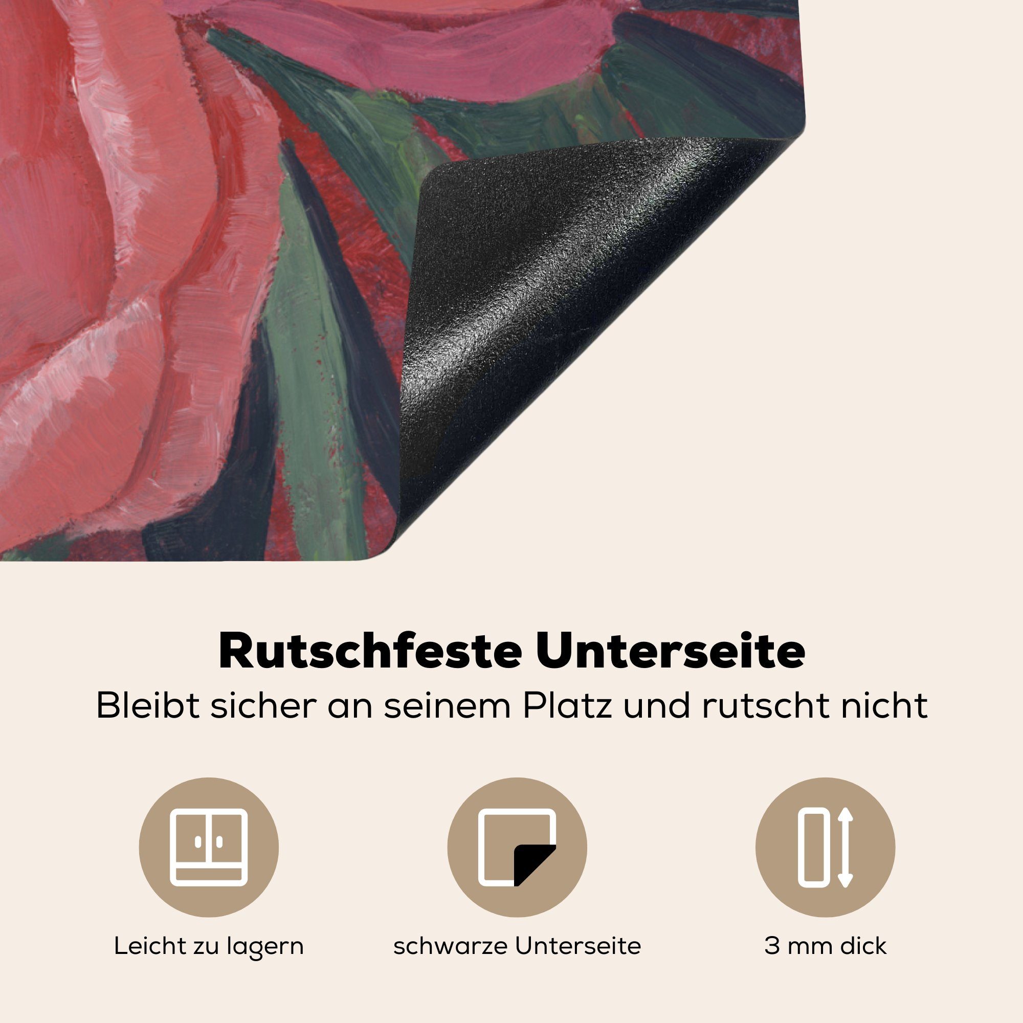 Malerei Rosa Blumen 70x52 - Arbeitsfläche nutzbar, - cm, tlg), (1 MuchoWow Vinyl, Ceranfeldabdeckung Herdblende-/Abdeckplatte Mobile Pflanzen, -