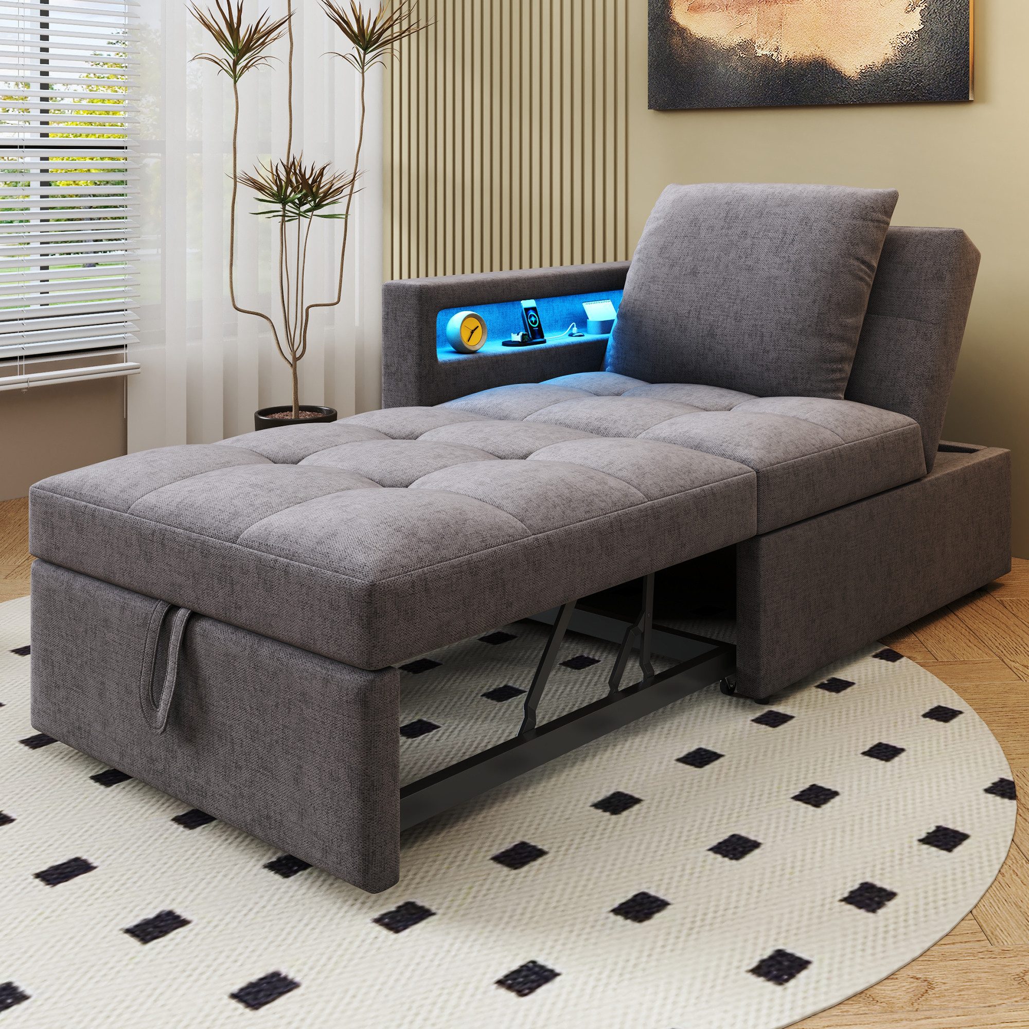 OKWISH Sofa Polster-Schlafsofa, 3-in-1 mit LED-Armlehne und USB-/Typ-C-Anschluss, verstellbarer Rückenlehne