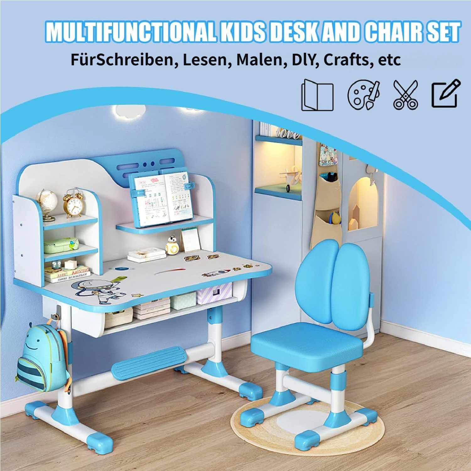 Rutaqian Kinderschreibtisch Kinderschreibtischstuhl Set für Kinder,Höheverstellbar 105 und 111 cm (Kinder-Schreibtisch- und Stuhl-Set, 1-St., 1 x Kinderschreibtisch, 1 x Kinderstuhl), Schreibtisch mit Stuhl, Bücherständer und Schublade für Jungs Mädchen