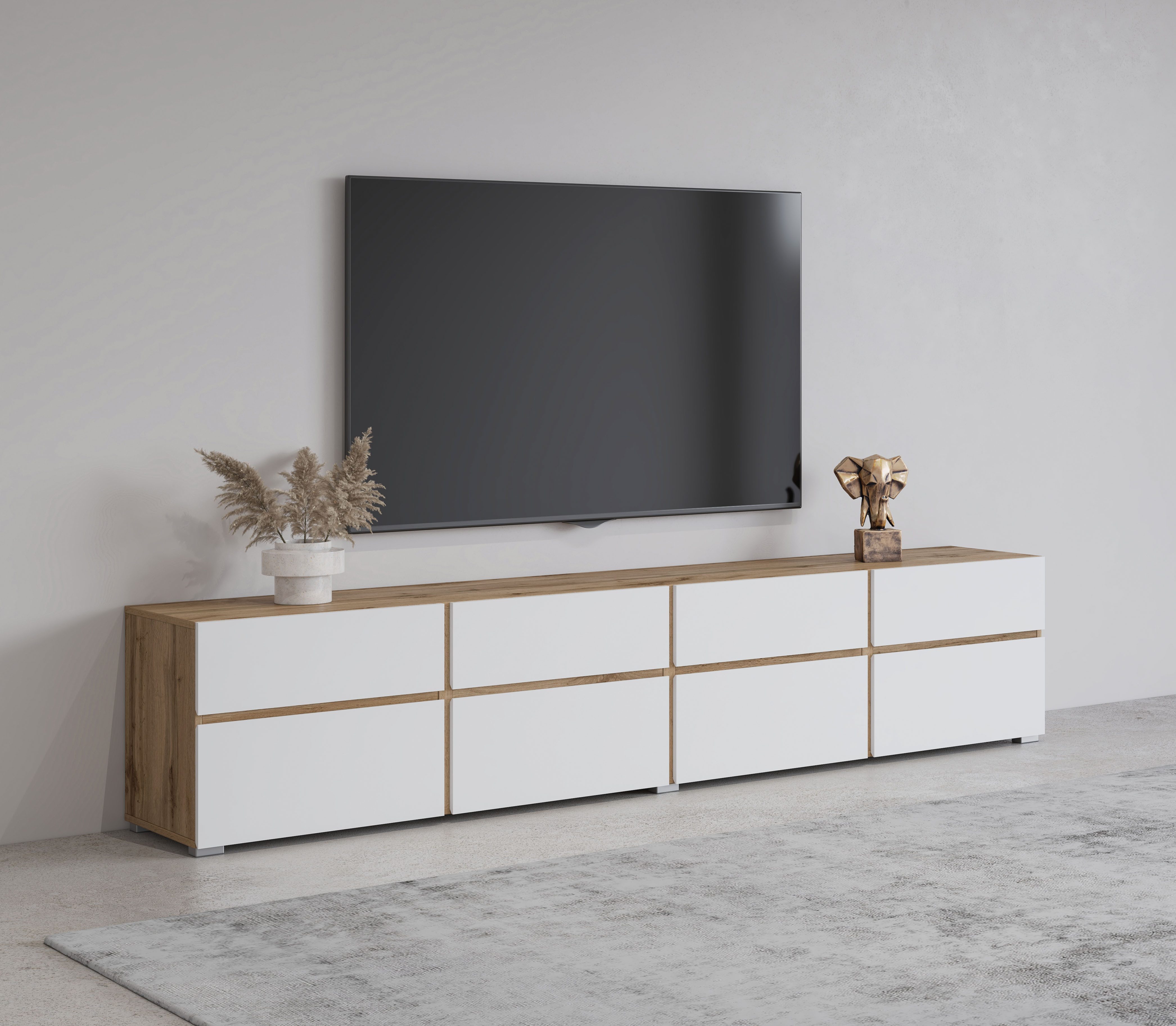 Lowboard Cross, moderne grifflose TV-Kommode,4 Klappen/4 Schubkästen