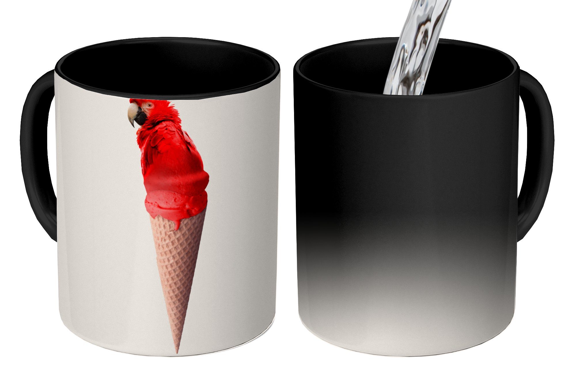 Papagei MuchoWow Zaubertasse, Keramik, Teetasse, - - Geschenk Kaffeetassen, Eistüten Weiß, - Eiscreme Rot Farbwechsel, Tasse -