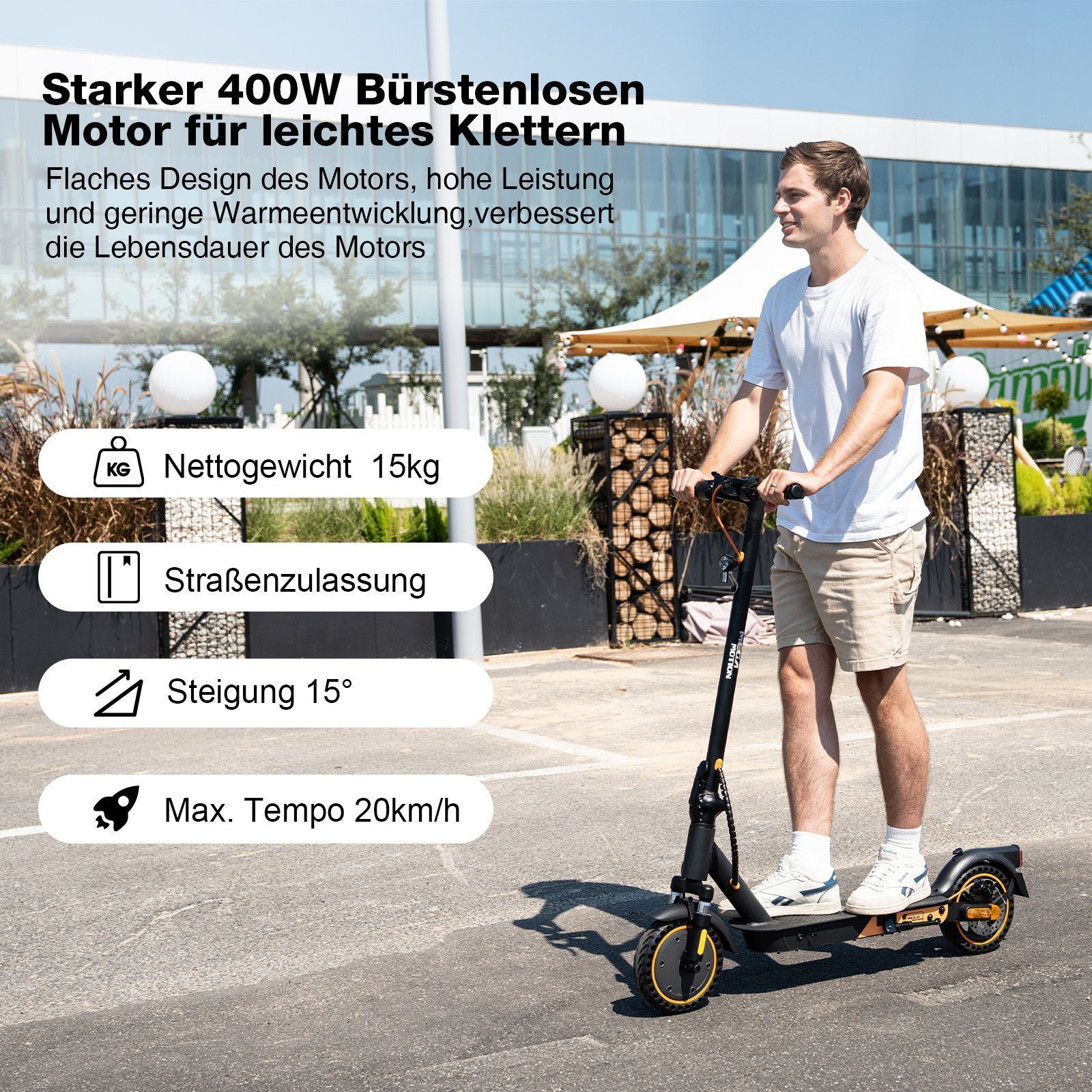 Mega Motion E-Scooter 8.5 Zoll Elektroroller 400W Motor, Max.35km mit Straßenzulassung ABE, (Spar-Set, 1 tlg., Mit Schutzblechen und Aufbewahrungstasche), 2 Stoßdämpfer mit Tasche, APP, 15kg, für Erwachsene