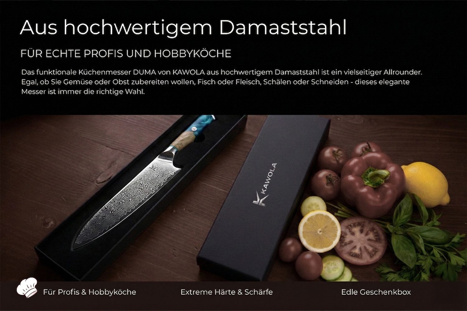 KAWOLA Universalküchenmesser GLAVO 67 Lagen Damaststahl - Klinge 21 cm, Damastmesser in hochwertiger Geschenkbox, eleganter Holzgriff