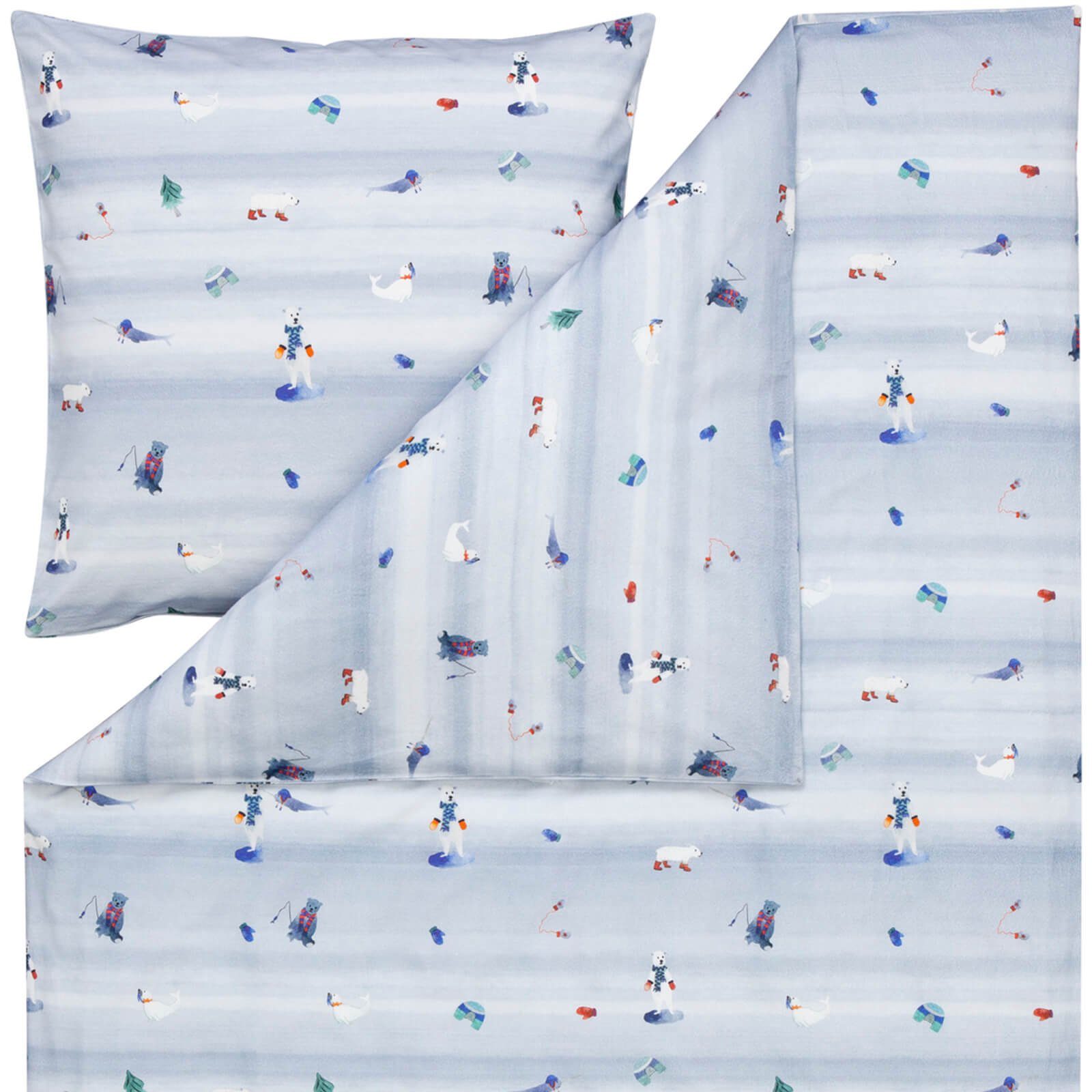 Estella Bettwäsche Arktis 4425 610 Taube, Flanell, 2 teilig, Seerobbe, Eisbär, Iglu, Tannenbaum