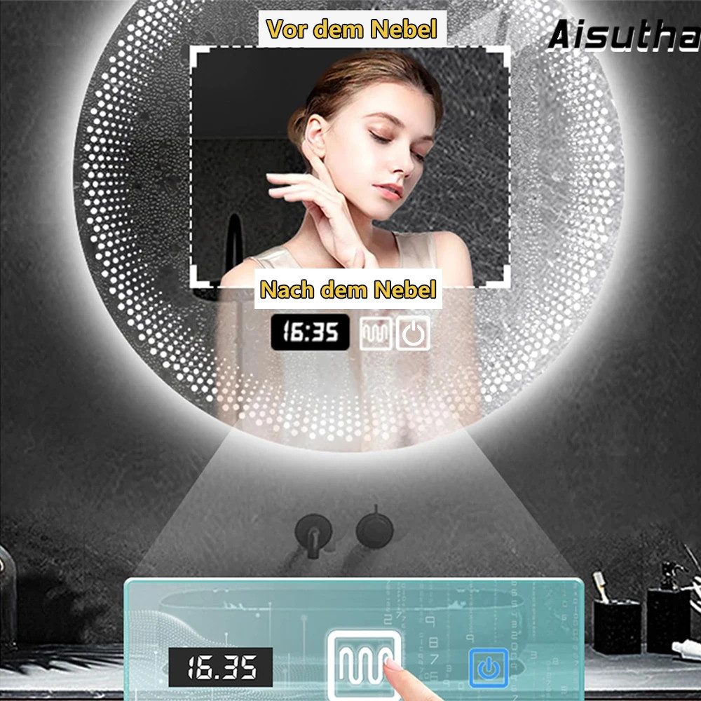 Nagham Ghazal Aswad Badspiegel Luna LED, Runder LED Badspiegel mit Antibeschlag und dimmbarer Beleuchtung