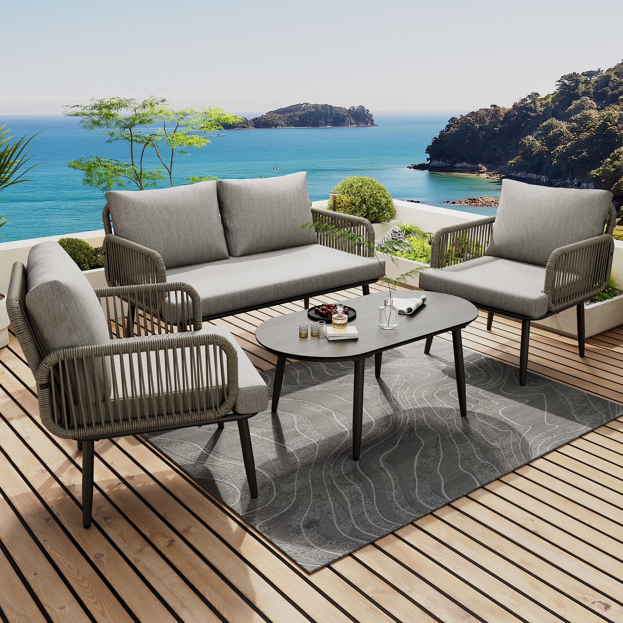 Merax Gartenlounge-Set aus verzinktem Stahl und handgeflochtenem Seil, (Glas-Tischplatte in Holzoptik, 4-tlg., Gartengarnitur Balkonmöbel), 4-Sitzer Sitzgruppe Gartenmöbel-Set mit Sofa, 2 Sessel & Couchtisch