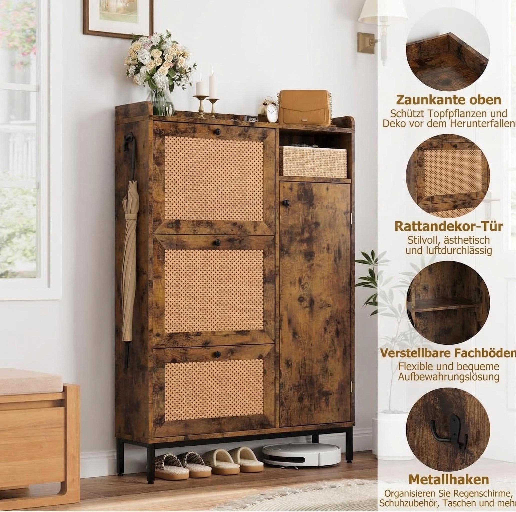 GarveeMore Schuhschrank aus Rattan mit 3 Klappschubladen und 4-stufiger Schuhschrank Schuhschrank mit verstellbaren Regalen für Eingang,Flur,Wohnzimmer