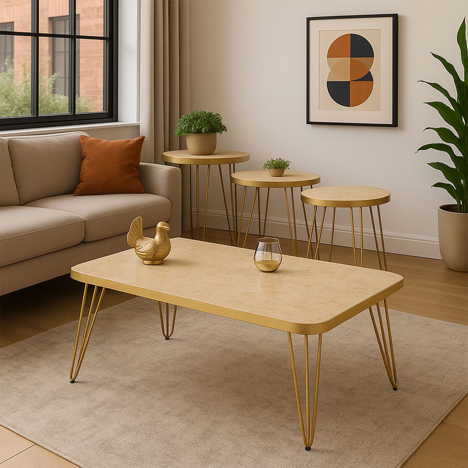 Jungengel Couchtisch Set 4-teilig Travertin Creme Gold Wohnzimmer Beistellt günstig online kaufen