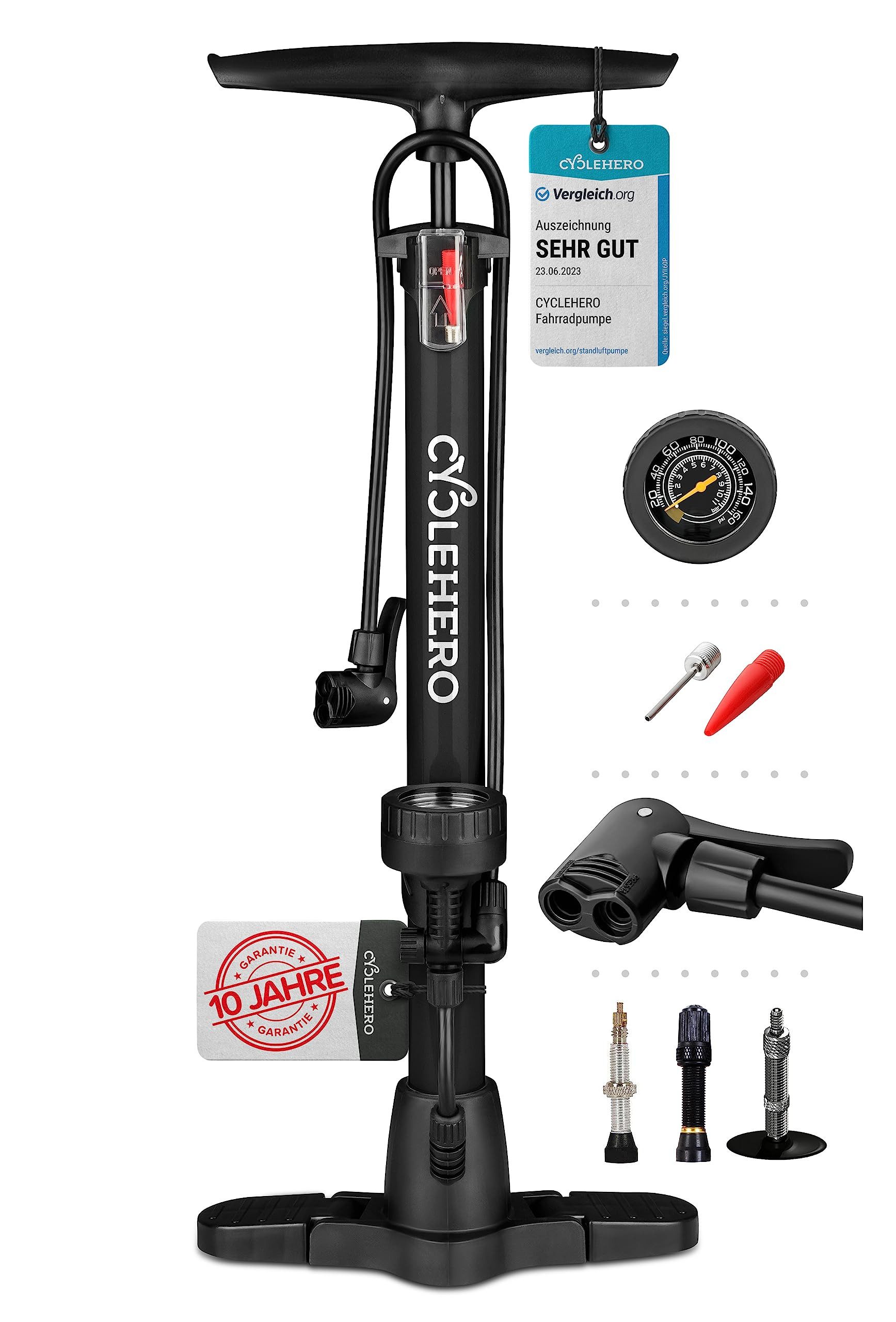 CYCLEHERO Fahrradpumpe alle Ventile - Leistungsstarke Fahrrad Pumpe Luft (Fahrrad Luftpumpe Französisches Ventil, Luftpumpe Fahrrad Standpumpe mit Manometer Standluftpumpe)