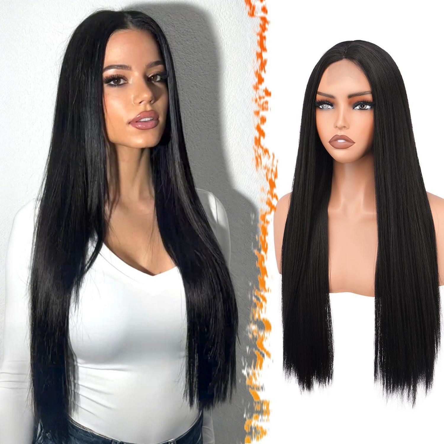 LuxusKollektion Kunsthaarperücke Perücke lang Mittelscheitel Damen Spitzenfront Natürliche Schwarz 71cm