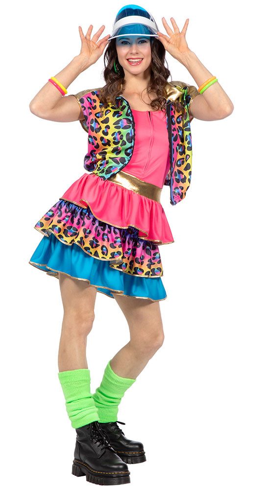 Karneval-Klamotten Kostüm 80er Jahre Damen Bad Taste Panter Kleid Weste neon, Party Eighties Damenkostüm Frauenkostüm Assi Proll Bad Taste Karneval