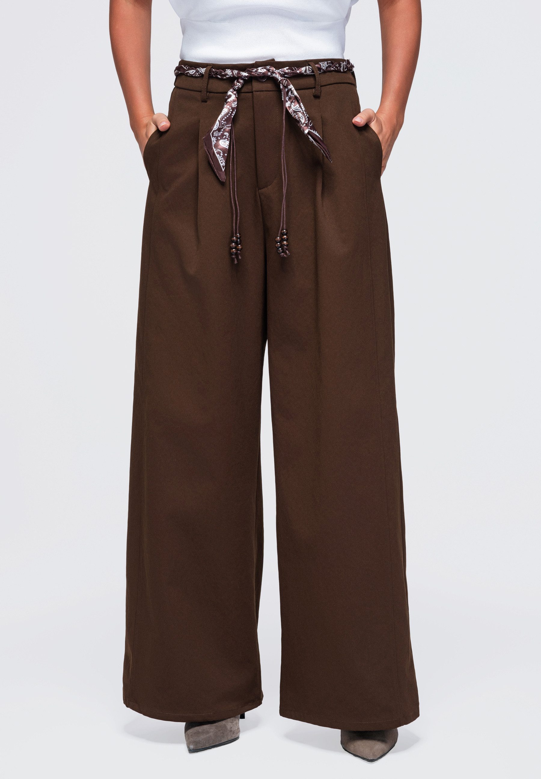 OMBRE Palazzohose Damen Palazzohose mit weitem Bein und elastischem Bund Braun XL (kein Set, 1-tlg) in Unifarbe