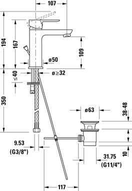Duravit Waschtischarmatur A.1 Waschtischmischer, Розмір M, mit Zugstangen-Ablaufgarnitur mit AirPlus, Ausladung 10,7 cm, Chrom