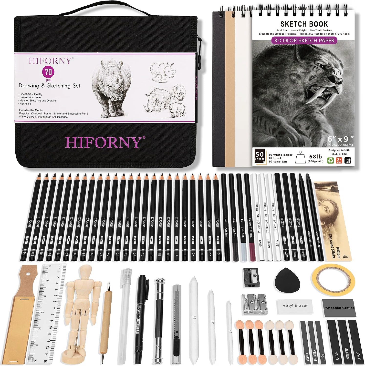 HIFORNY Künstlerstift 70-teiliges Skizzenset für Künstler mit Skizzenbuch und Nylon-Etui, (Skizzierset, 70-tlg., mit Nylon-Federmäppchen), 24 Graphitstifte 14B–5H, Kohle, Zeichenpuppe, Nylon-Federmäppchen