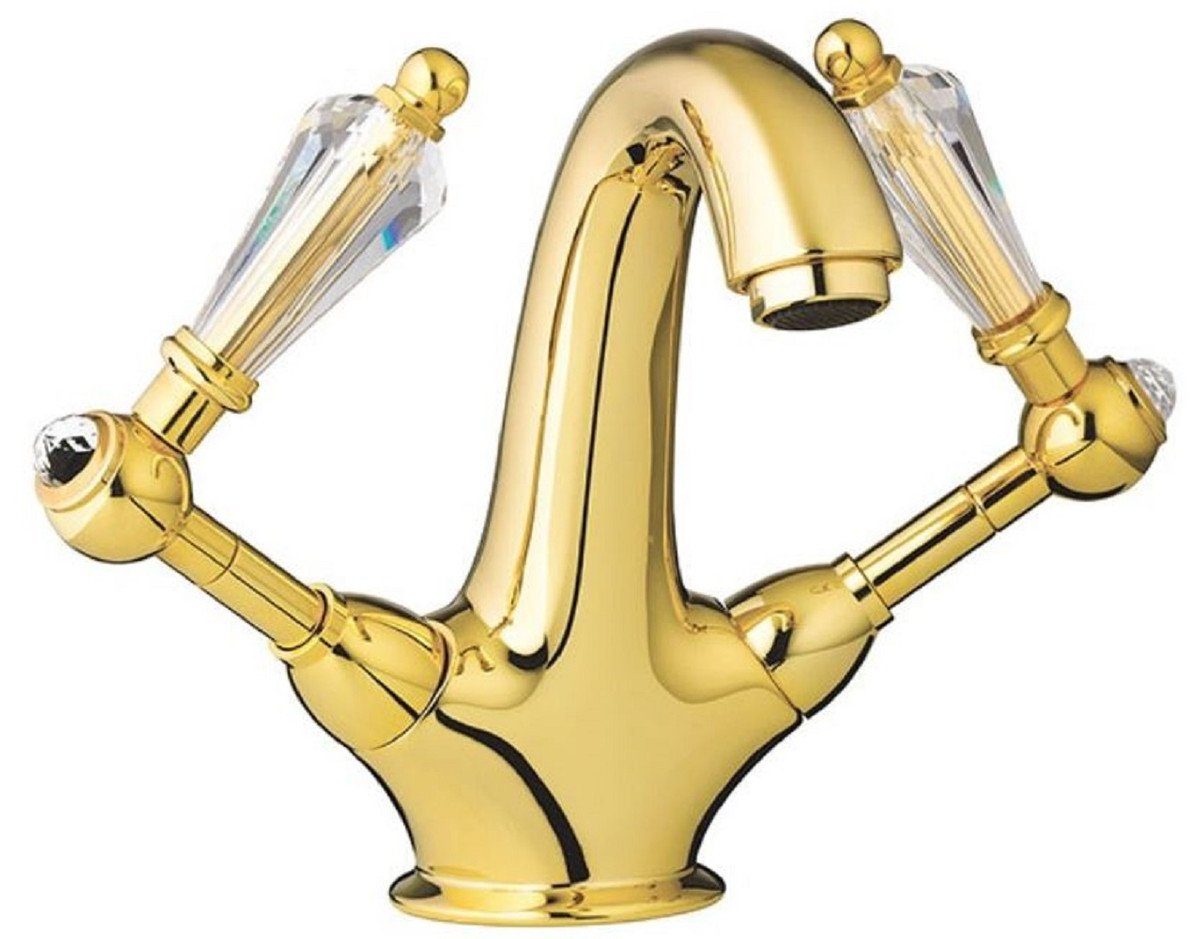 Casa Padrino Waschtischarmatur Luxus Jugendstil Waschtisch Armatur mit Swarovski Kristallglas Gold H. 17,5 cm - Nostalgisches Bad Zubehör - Luxus Qualität - Made in Italy