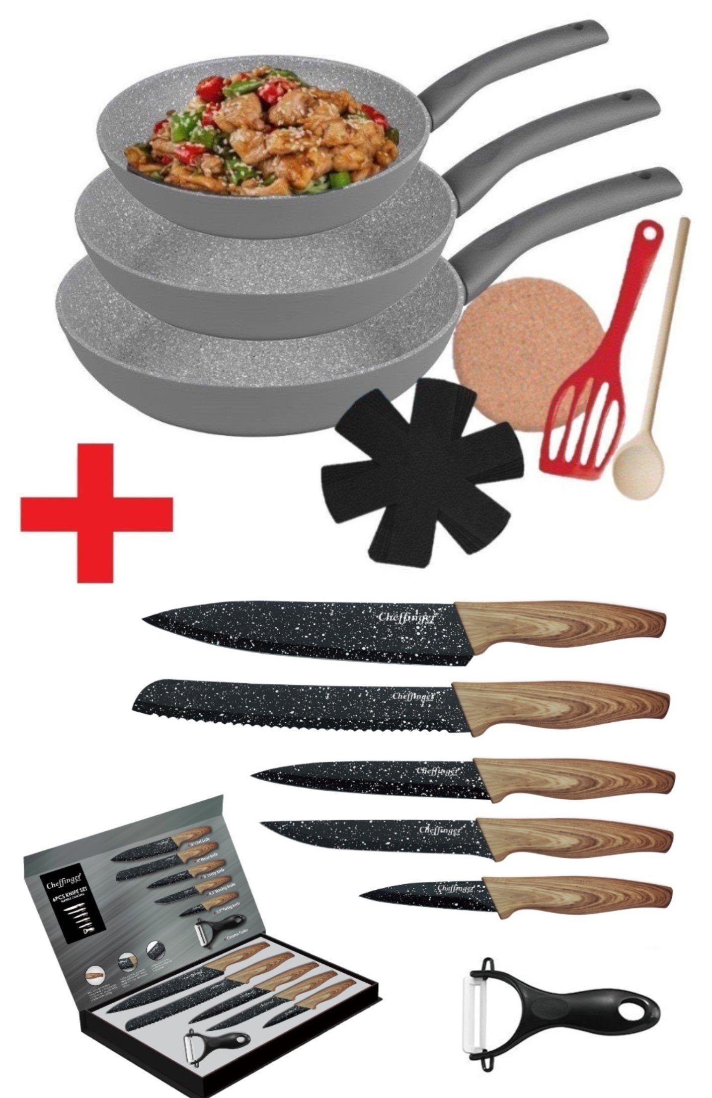 KESSMANN Pfannen-Set Induktion Bratpfannen 9tlg 1 1 + + Küchen Messerset + Messerblock Pfannenset 1 Pfannenwender Aluminium Messer Pfanne Antihaft), 15-tlg., Set 6tlg Untersetzer Inkl -KOMPLETT SET-, 3 grau (Set, Einlagen Küchen Induktionsherd + Knife Löffel