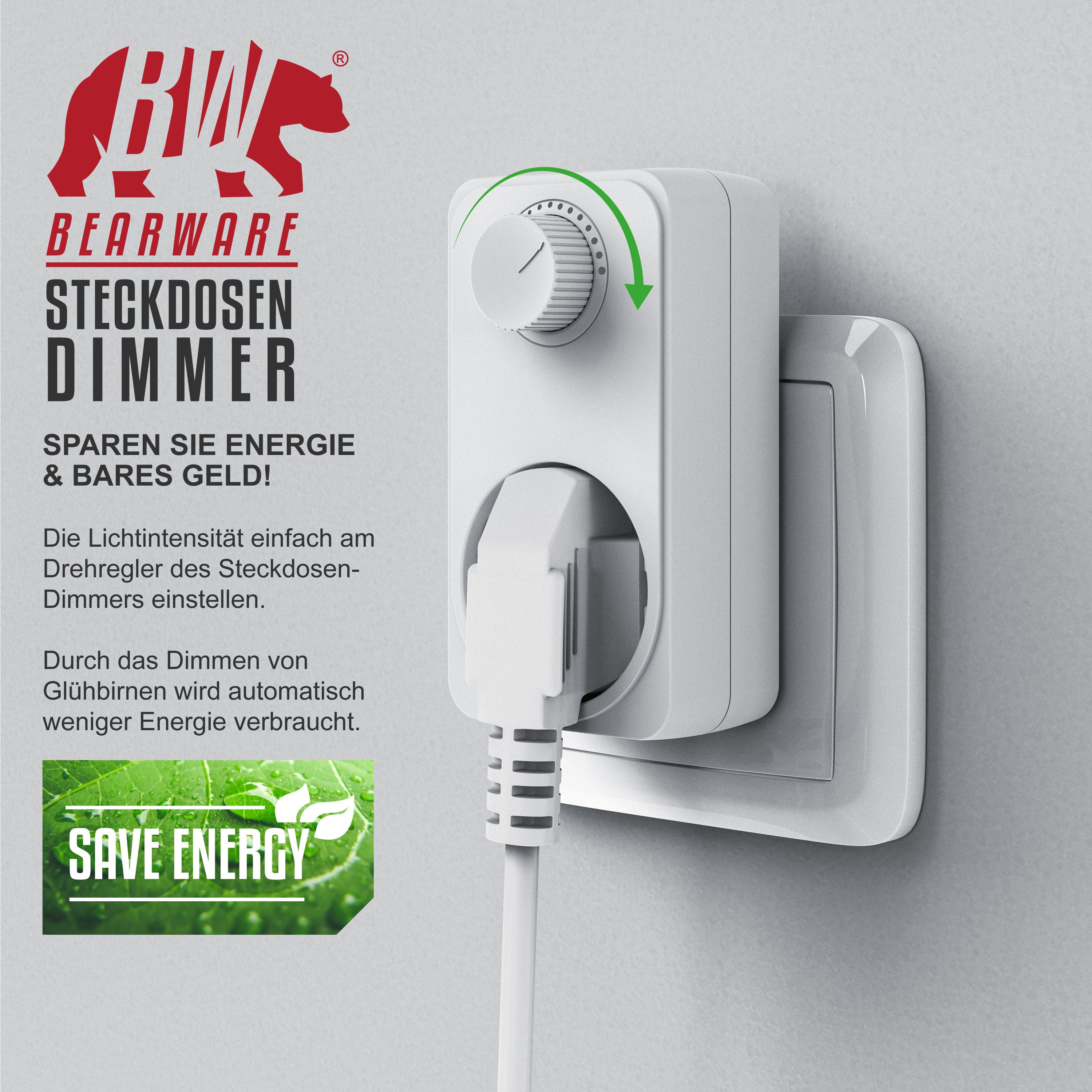 BEARWARE Drehdimmer Steckdosendimmer mit Drehregler für Glühlampen, 20 - 400 W (1-St), Universal Dimmer / Helligkeitsregler für Tischlampen und Stehlampen – Bild 4 von 5