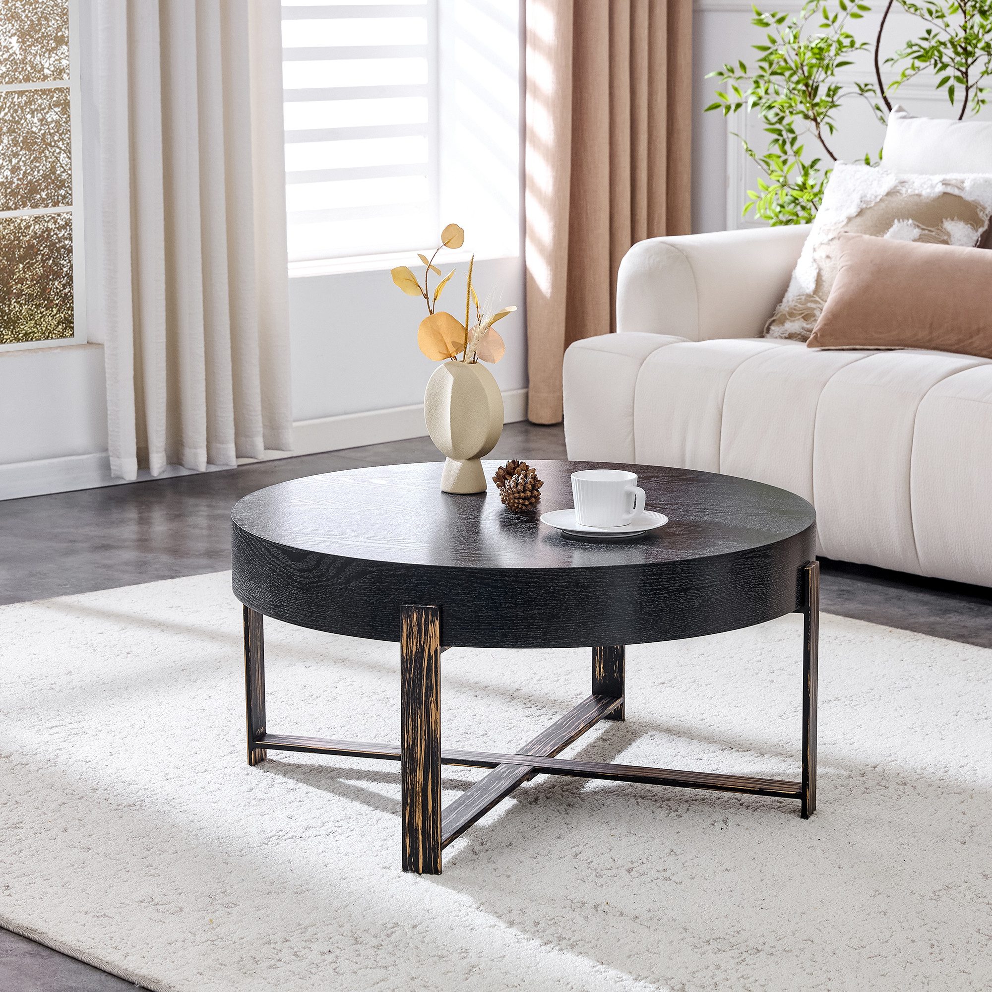 REDOM Couchtisch Runder Beistelltisch Ø68 cm (stabile Metall-Kreuzfußkonstruktion, edle Holzmaserung-Optik), Wohnzimmertisch Sofatisch