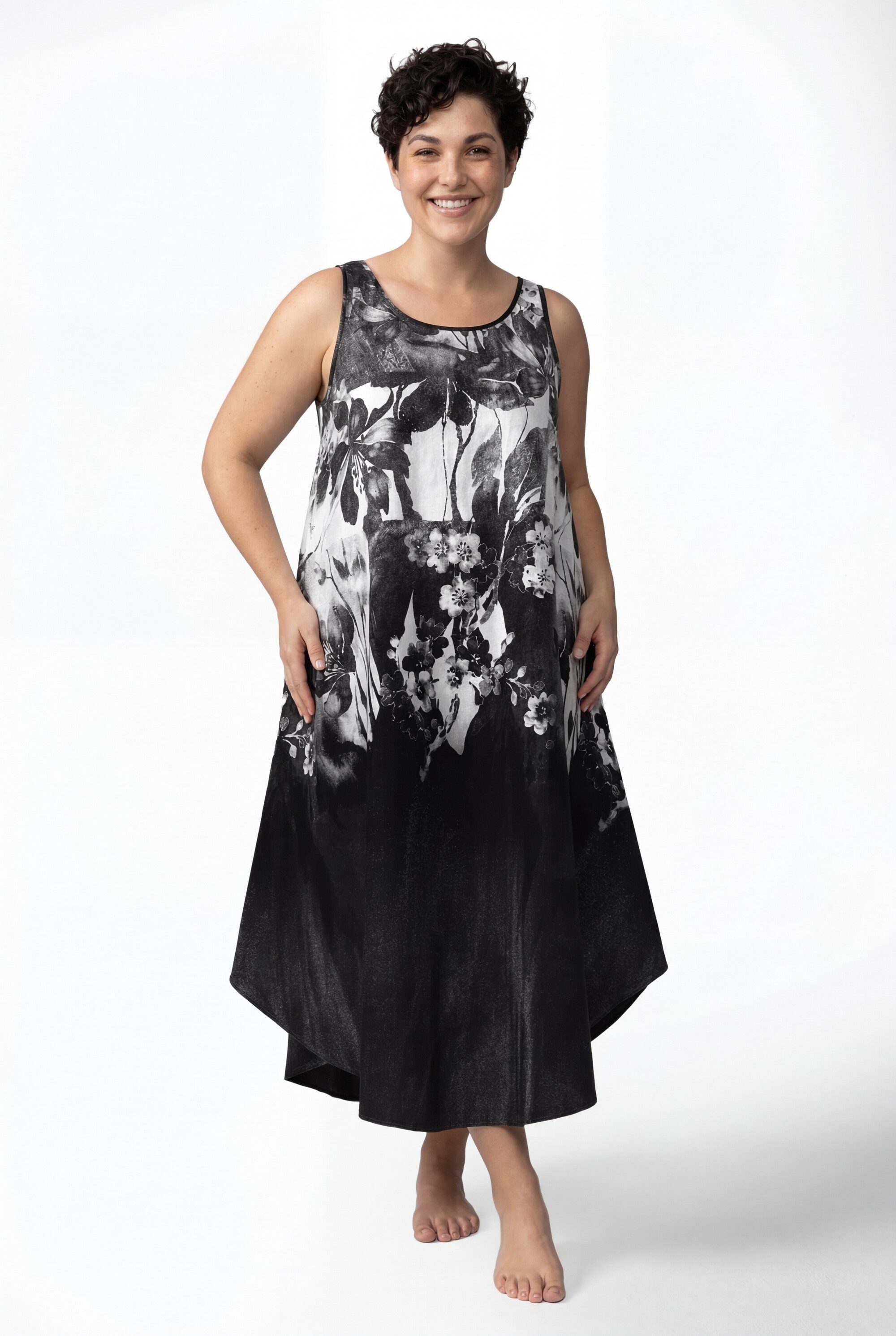 Ulla Popken Maxikleid Midikleid Blüten A-Linie Rundhals ärmellos