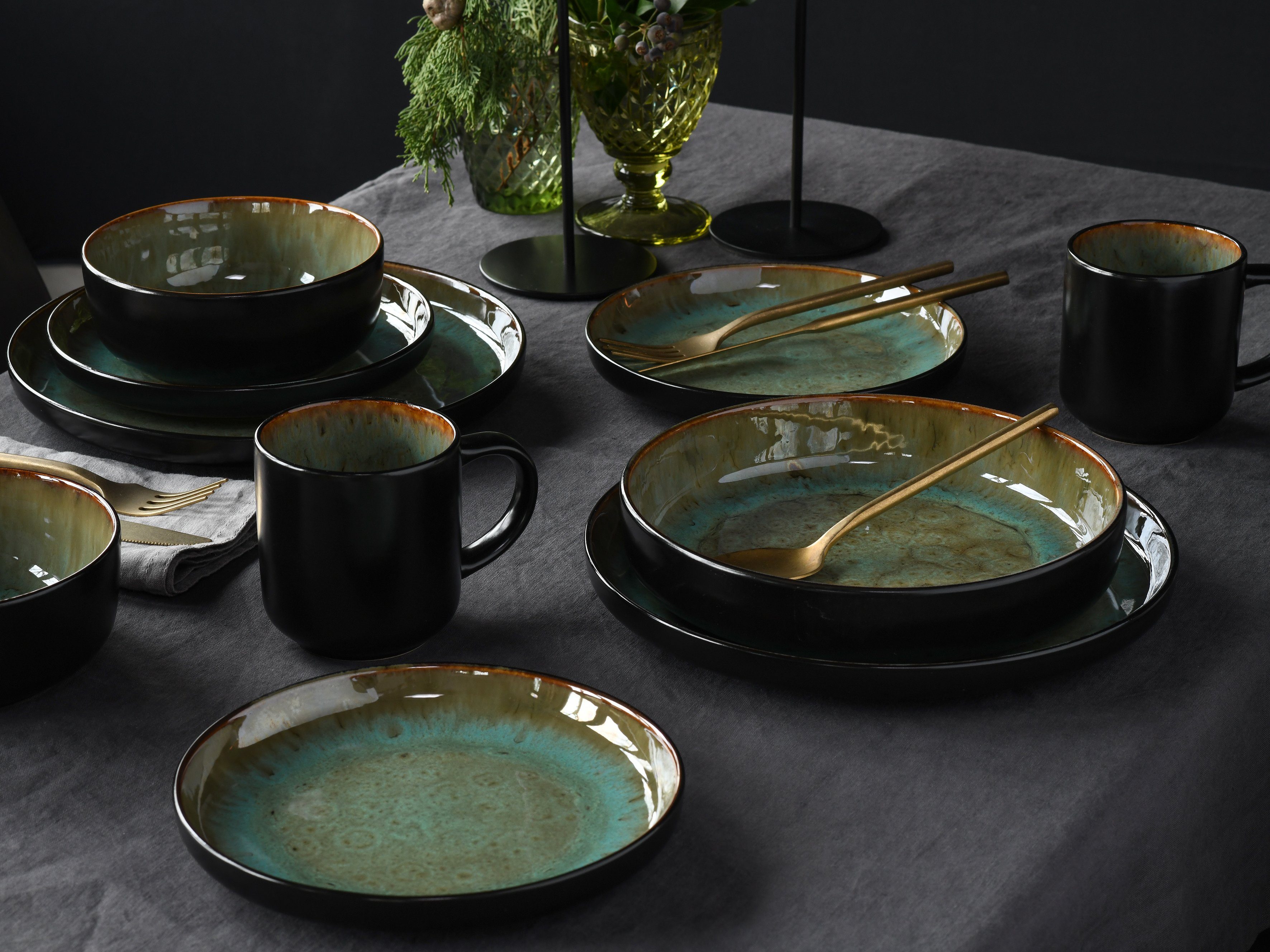CreaTable Kombiservice Nordic Fjord (10-tlg), 2 Personen, Steinzeug, je 2 Speiseteller, Suppenteller, Dessertteller, Schalen, Kaffeebecher