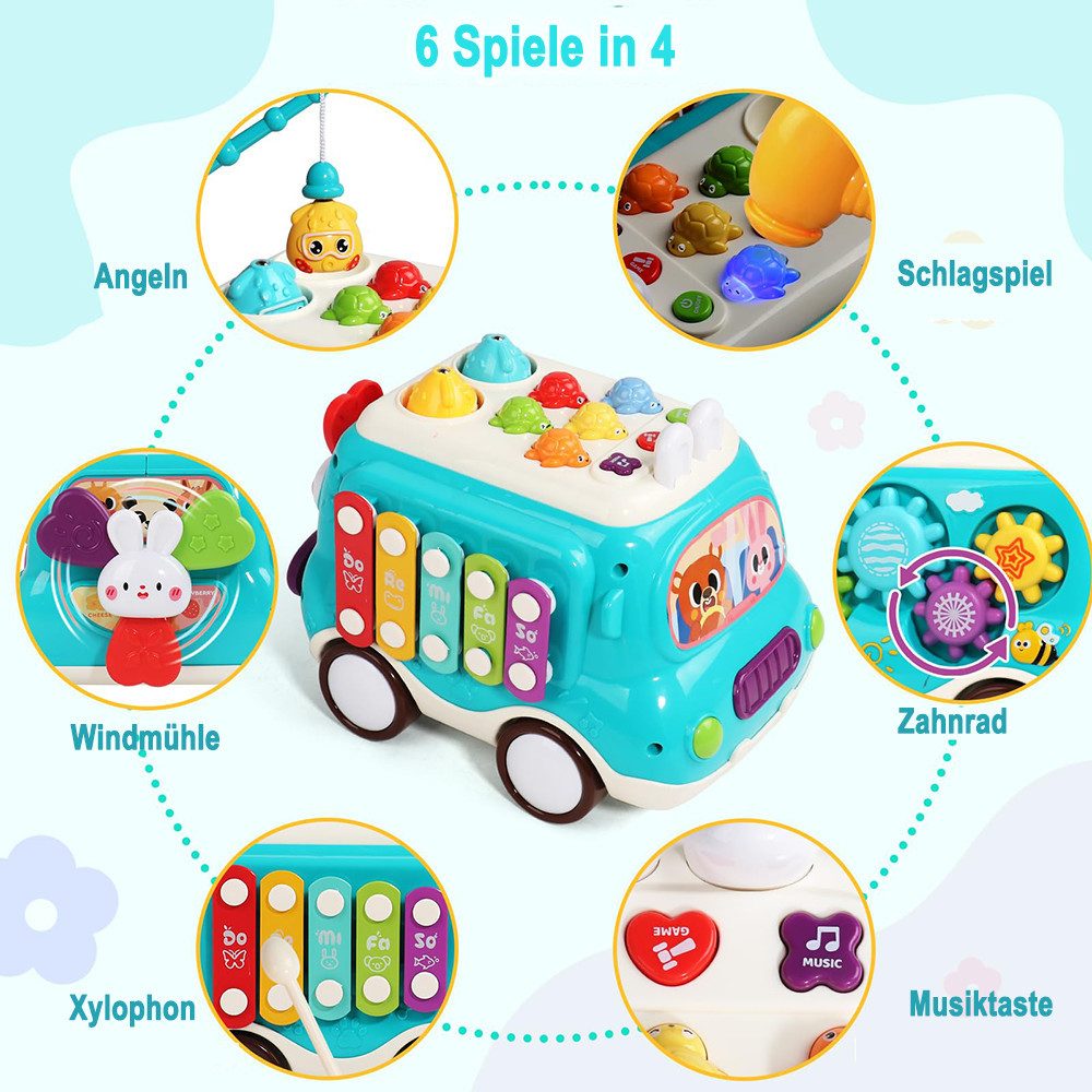 CLTYQ Lernspielzeug Geschenk für Babys von 3 Jahren – Montessori Spielzeug in Busform (Hammerspiel, Angelspiel & Licht), musikalisches & sensorisches Lernspielzeug für Kleinkinder,Geschenk