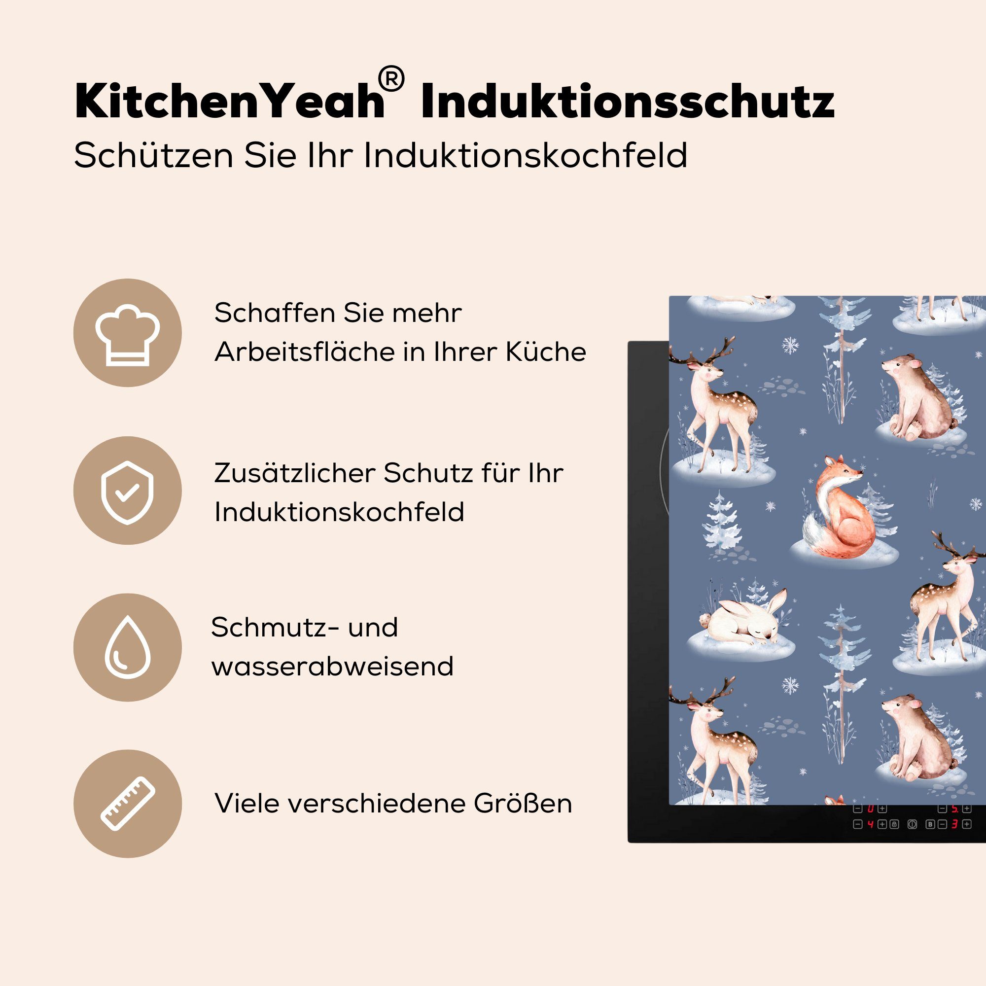 - cm, küche Winter Bär Vinyl, (1 für Herdblende-/Abdeckplatte - 78x78 Hirsch MuchoWow Arbeitsplatte - Fuchs, Ceranfeldabdeckung, tlg),
