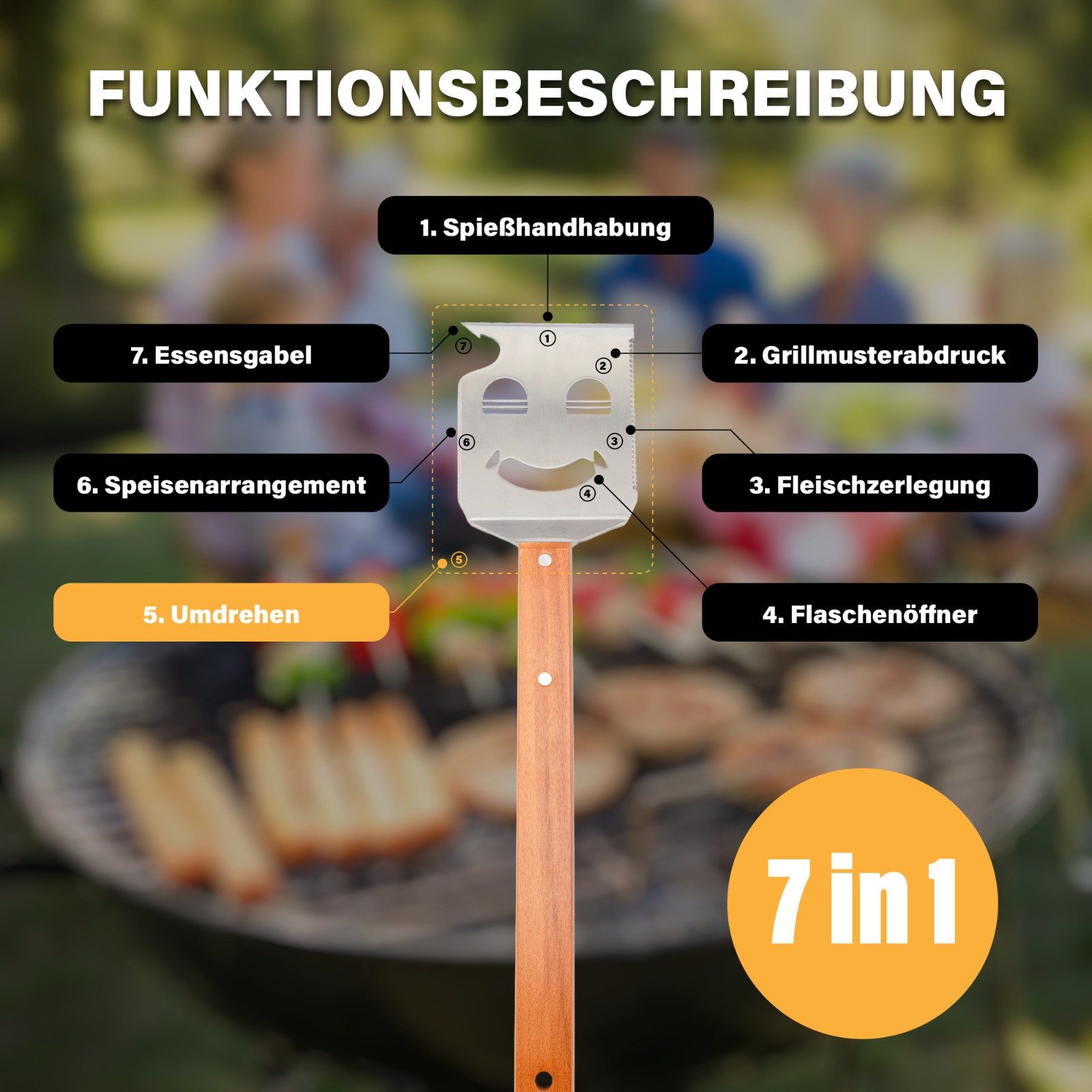 Cozyvibe Grillbesteck-Set 7 in 1 BBQ Grillspachtel mit Flaschenöffner, Camping & Grill Zubehör, (Grillwerkzeug Grillbesteck Edelstahl Holzgriff, Grillgeschenk Männer, 1 tlg., 1 Stück, ideal für Holzkohlegrill, Gasgrill und Grillplatte geeignet), Entworfen in Deutschland, 7-in-1 Multifunktion, bruchsicheres Z-Design