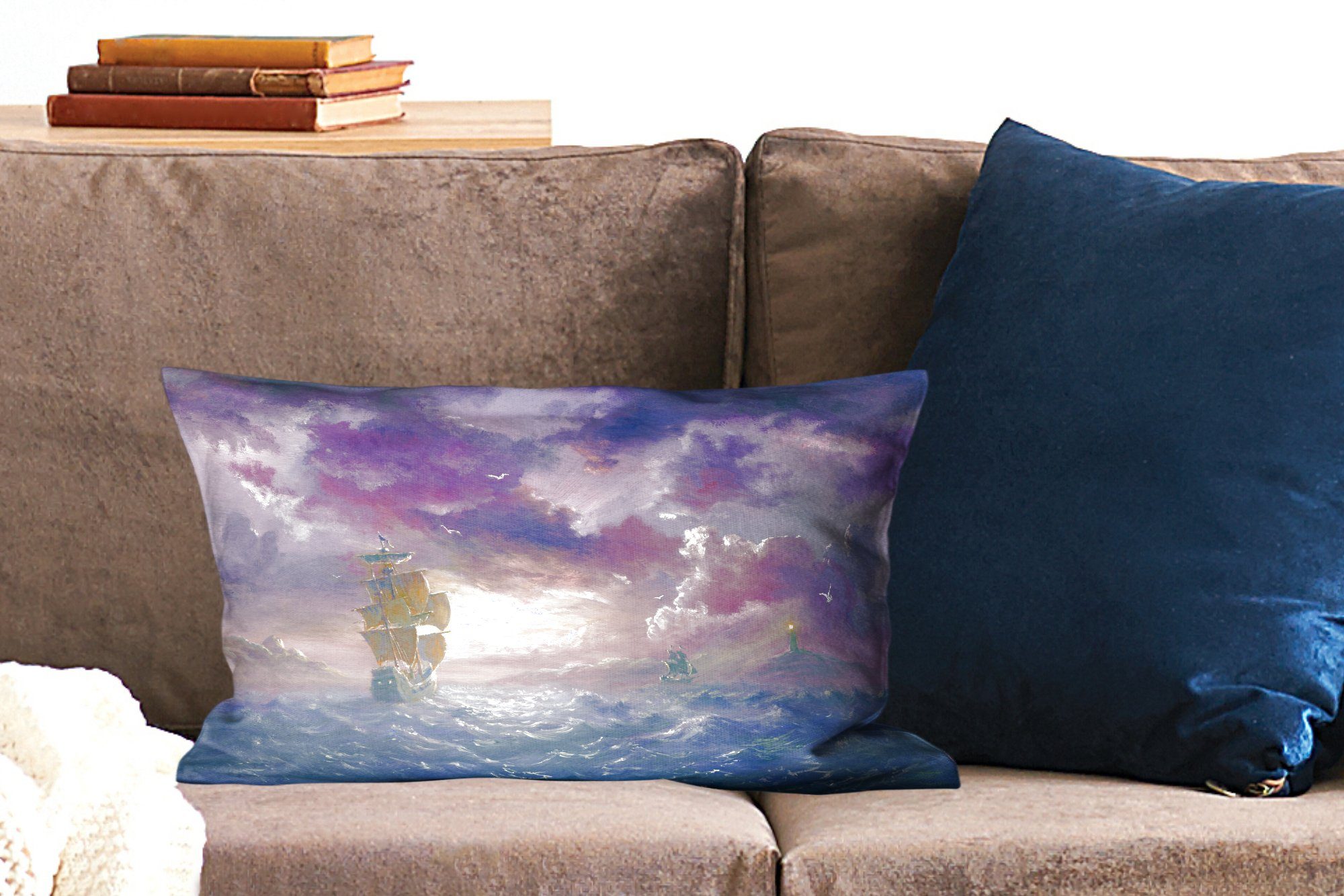 MuchoWow Dekokissen Wohzimmer mit Himmel, Schlafzimmer Segelschiffs Füllung, Zierkissen, unter Dekokissen Dekoration, Illustration violetten einem eines
