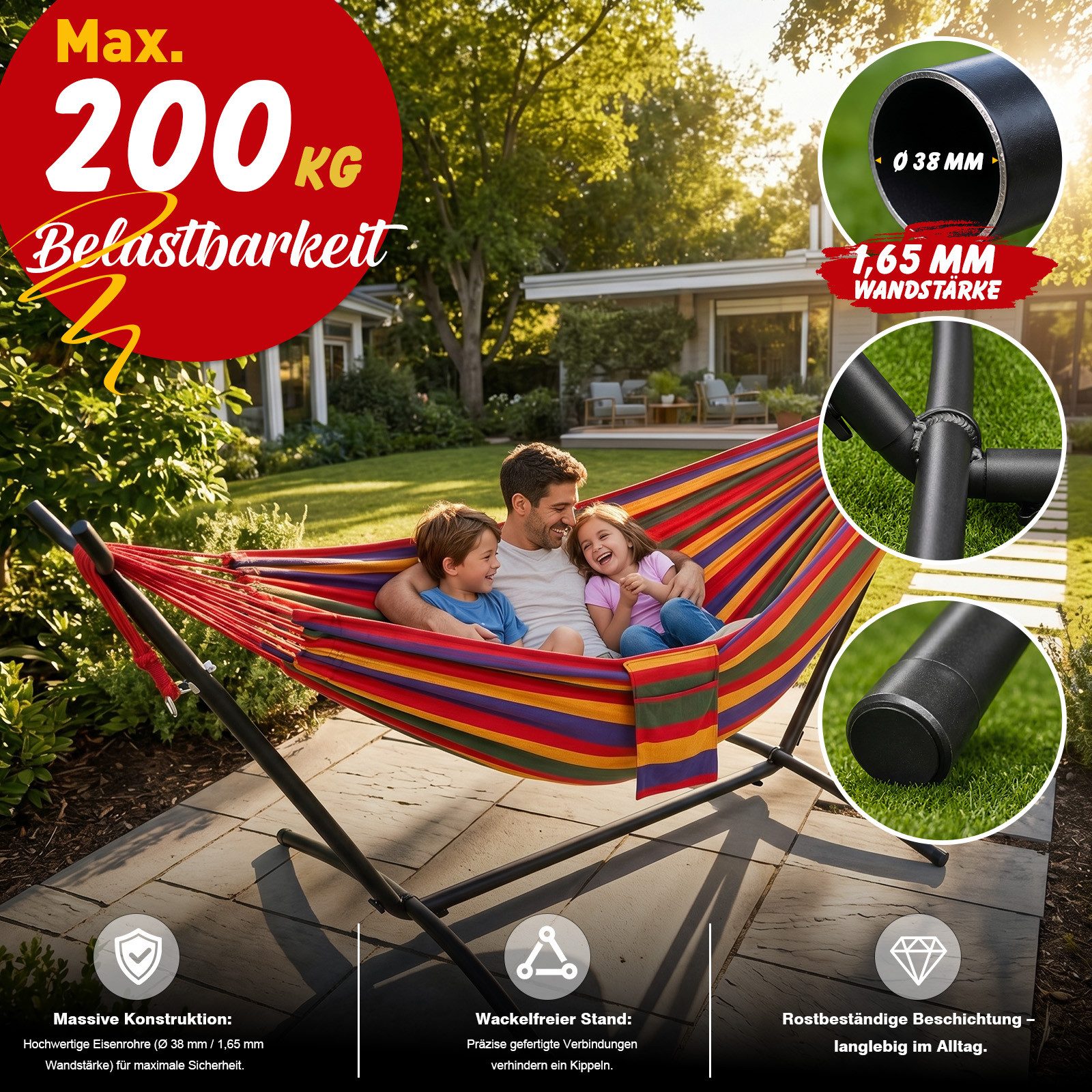Sekey Hängematte mit Gestell, höhenverstellbare Doppelhängematte bis 200 kg belastbar, mit Tragetasche für Garten, Balkon und Terrasse, Indoor & Outdoor