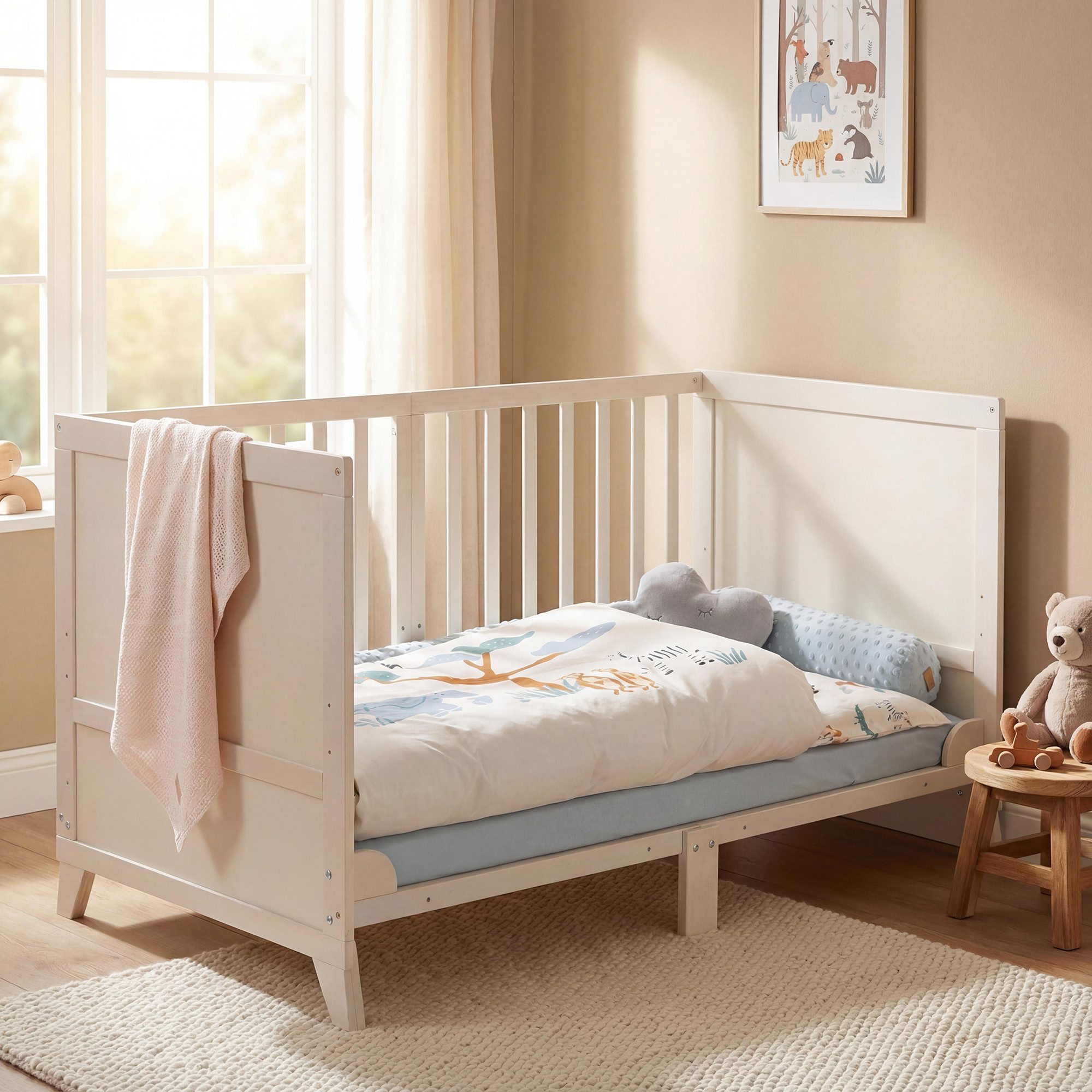 roba® Komplettbett Savanna Friends oder Woodland Buddies 70x140 cm - niedliche Designs, mit Bettwäsche, Himmel & Matratze - Mitwachsendes Babybett - Naturgrau – Bild 4 von 5