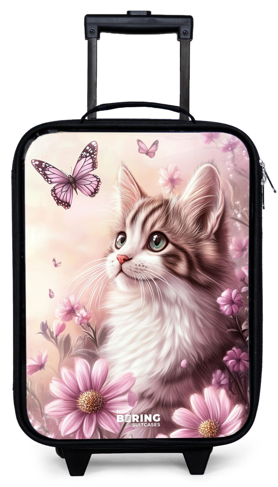 NoBoringSuitcases.com© Kinderkoffer mit leuchtende Räder - Katze - Lila - Schmetterlinge - Blumen, 2 Rollen, Kinder Koffer Klein, Trolley Handgepäck, Reisekoffer