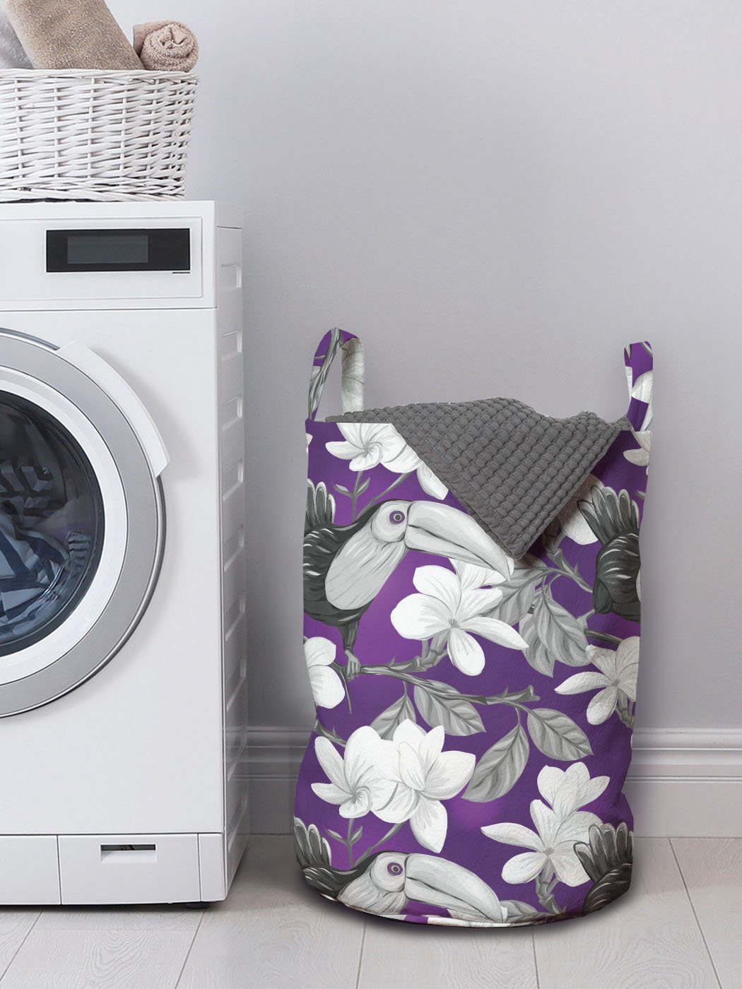 Abakuhaus Wäschesäckchen Wäschekorb mit Griffen für Kordelzugverschluss Toucan Blumen Waschsalons, Plumerias Vögel und