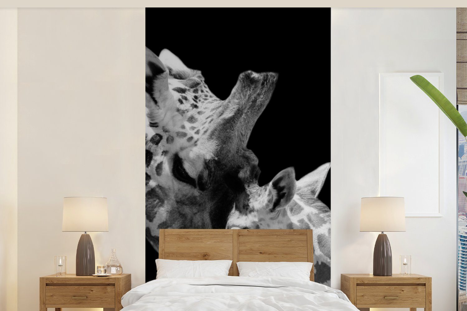 MuchoWow Fototapete Giraffe - Wildtiere - Porträt - Schwarz-Weiß, Matt, bedruckt, (2 St), Vliestapete für Wohnzimmer Schlafzimmer Küche, Fototapete