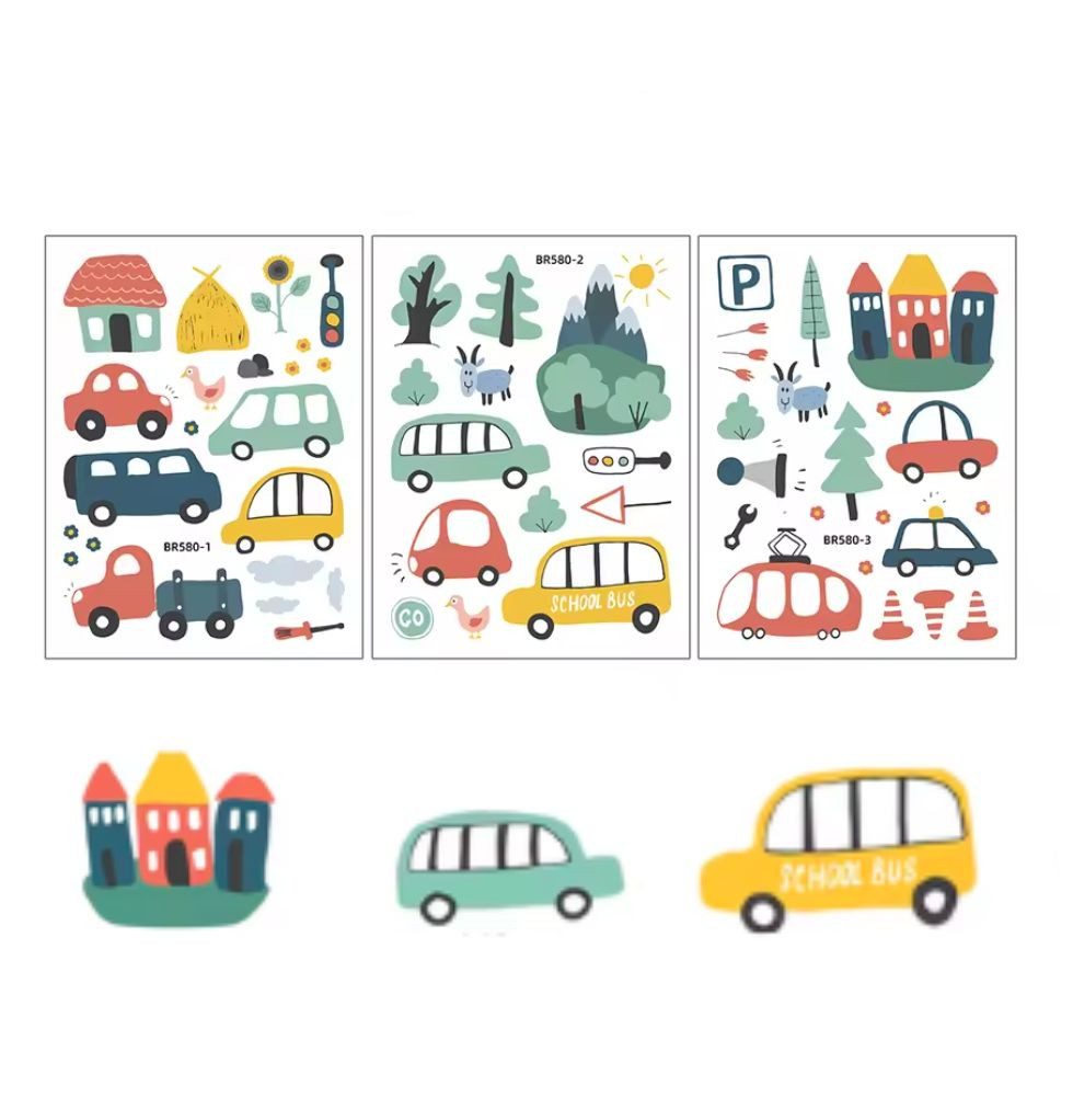 Montegoni Aufkleber 3-teiliges Wandsticker Set mit Auto, Häusern & Bäumen für Kinderzimmer, (set), wasserfest, entfernbar, Rückstandslos, Umweltfreundliches