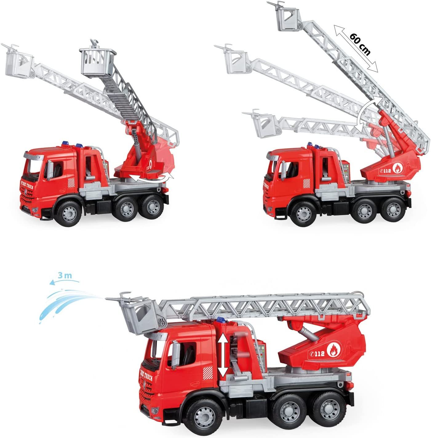 Lena® Spielzeug-Auto Worxx Feuerwehrauto - Mercedes-Benz Arocs (49cm), mit ausfahrbarer Leiter, Wassertank und funktionierender Wasserpritze