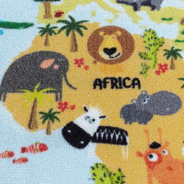 Kinderteppich Weltkarte mit Tierdesign, Carpetsale24, Läufer, Höhe: 7 mm, Kinderteppich Weltkarte mit Tierdesign Teppich Kinderzimmer Rutschfest