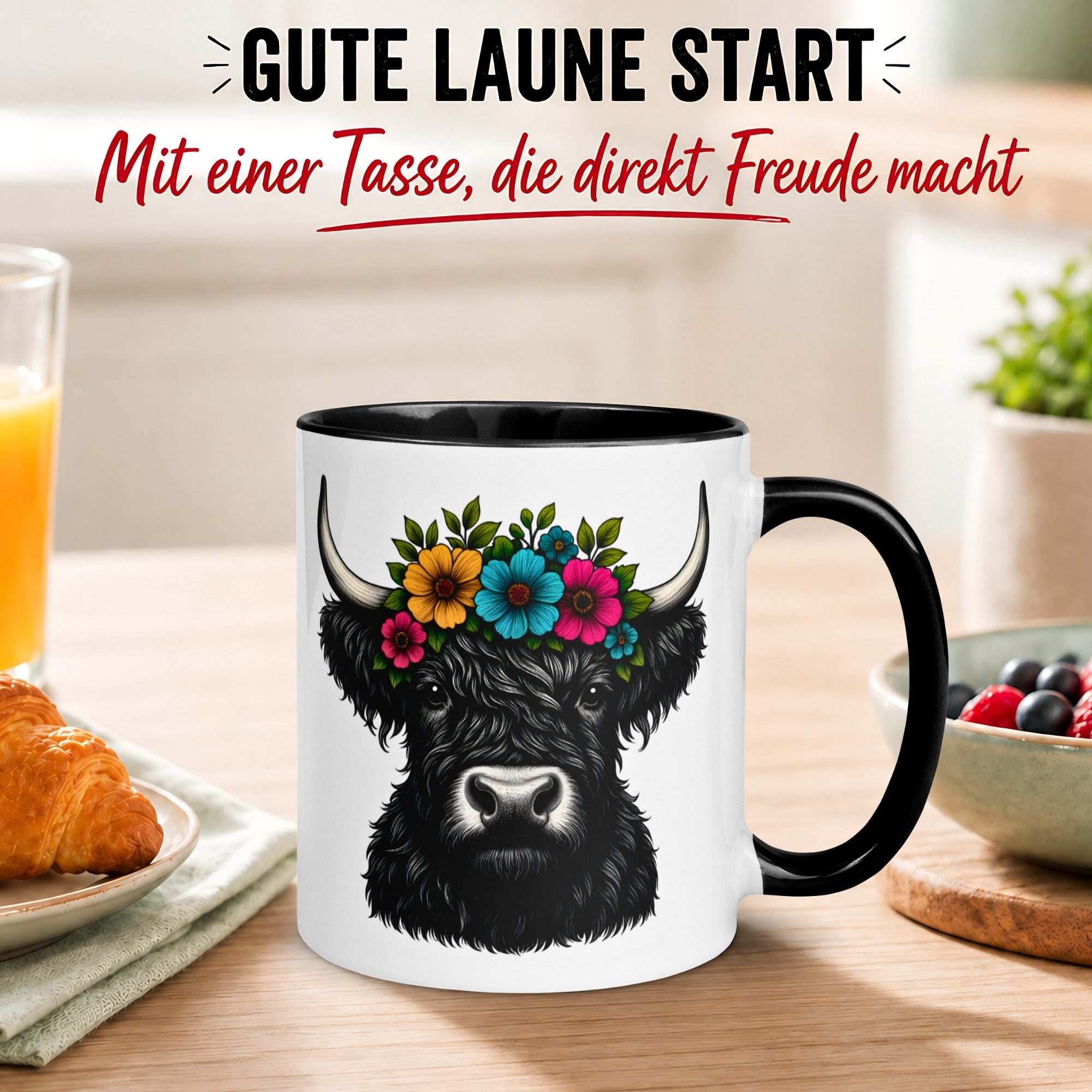 Momentals Tasse Kuh – „Highland Rind mit Blumenkranz“ – Geschenk Becher Rinder Fans, Gratis Versand · Links-&Rechtshänder · Spülmaschinenfest