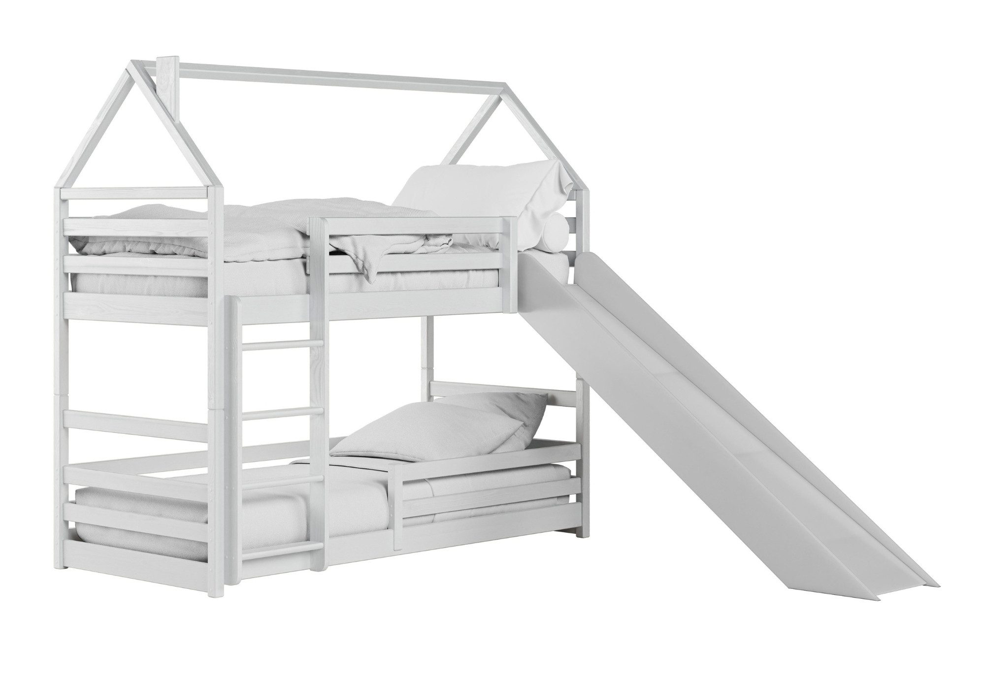 Kids Collective Hochbett mit Rutsche 90x200 cm, Hausbett, Etagenbett mit Rausfallschutz, Leiter Bodenbett Jugendbett Spielbett für 2 Kinder, Kinderzimmer Kiefer Weiß