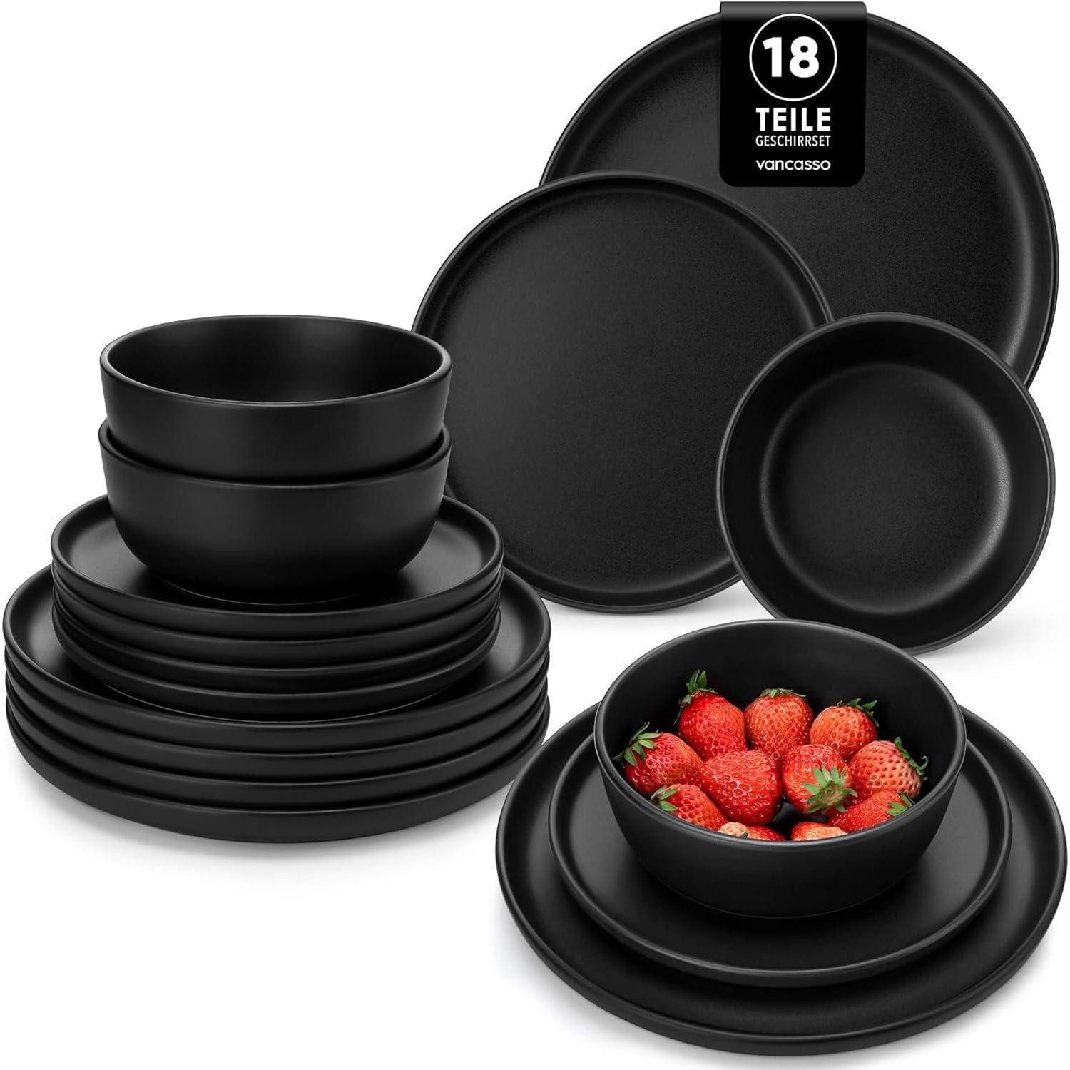 Tafelservice Geschirrset 6 Personen Steingut Schwarz 18 Teile Set Schwarz