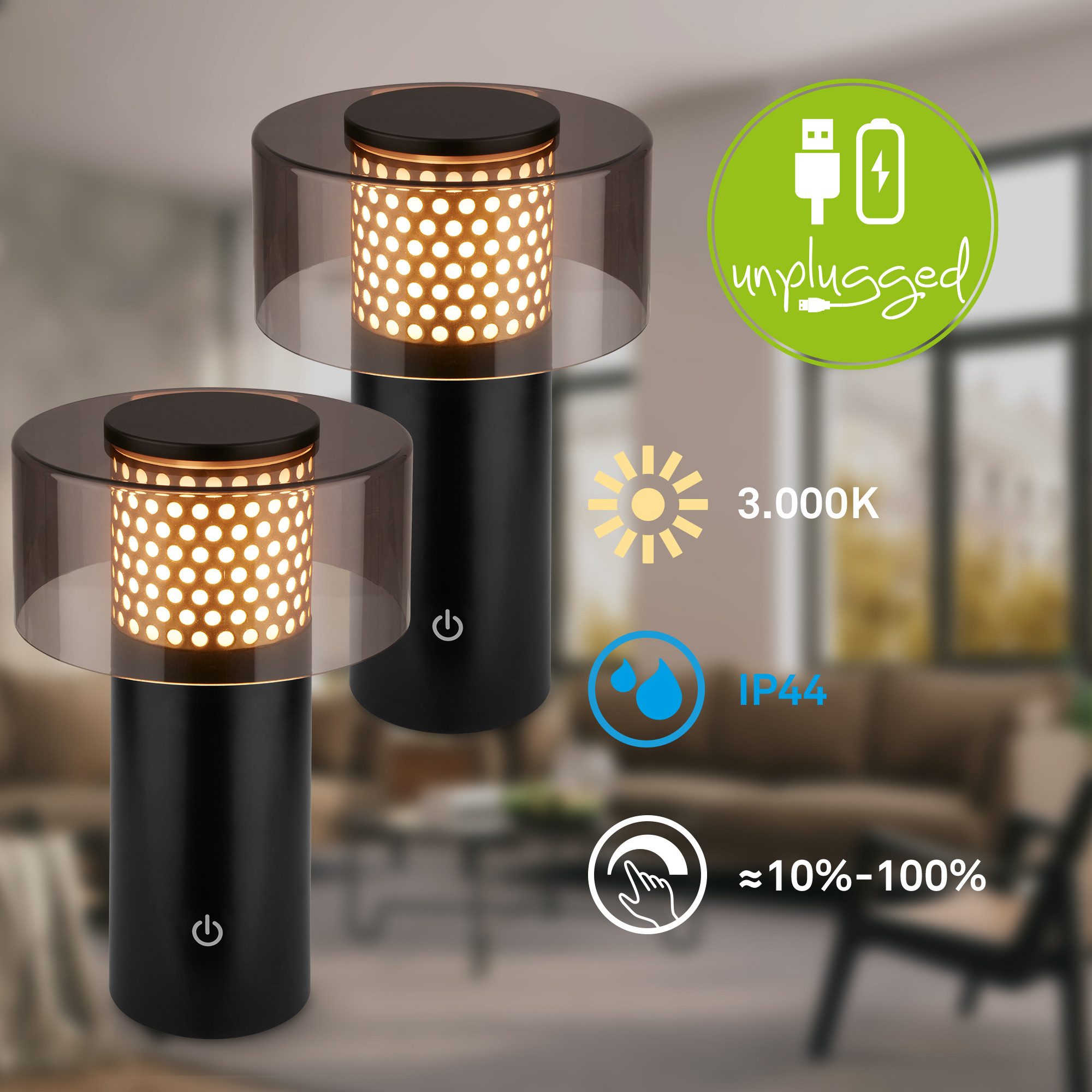 Briloner Leuchten LED Tischleuchte Akku Stufenlos dimmbar Touchfunktion Kabellos, 2 Stück, LED fest integriert, Warmweißes Licht USB-C Ladung 150mm Durchmesser 190mm Höhe