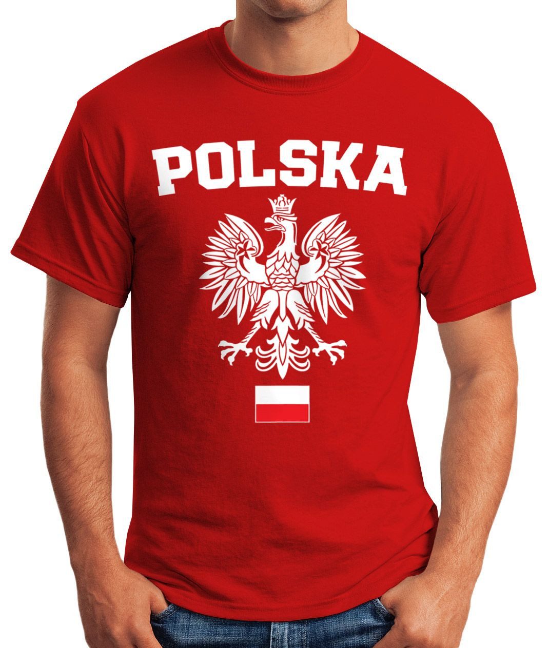 MoonWorks Print-Shirt Herren T-Shirt Fußball WM Polska Polen Poland Flagge Weißer Adler mit Print
