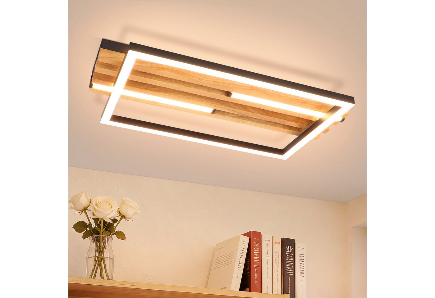 ZMH LED Deckenleuchte 24W 38cm Schlafzimmer Küche 3000K Warmweiß Modern Design, Warmweiß, LED, holz, eckig/ring, schwarz, modern, Warmweiß, flur