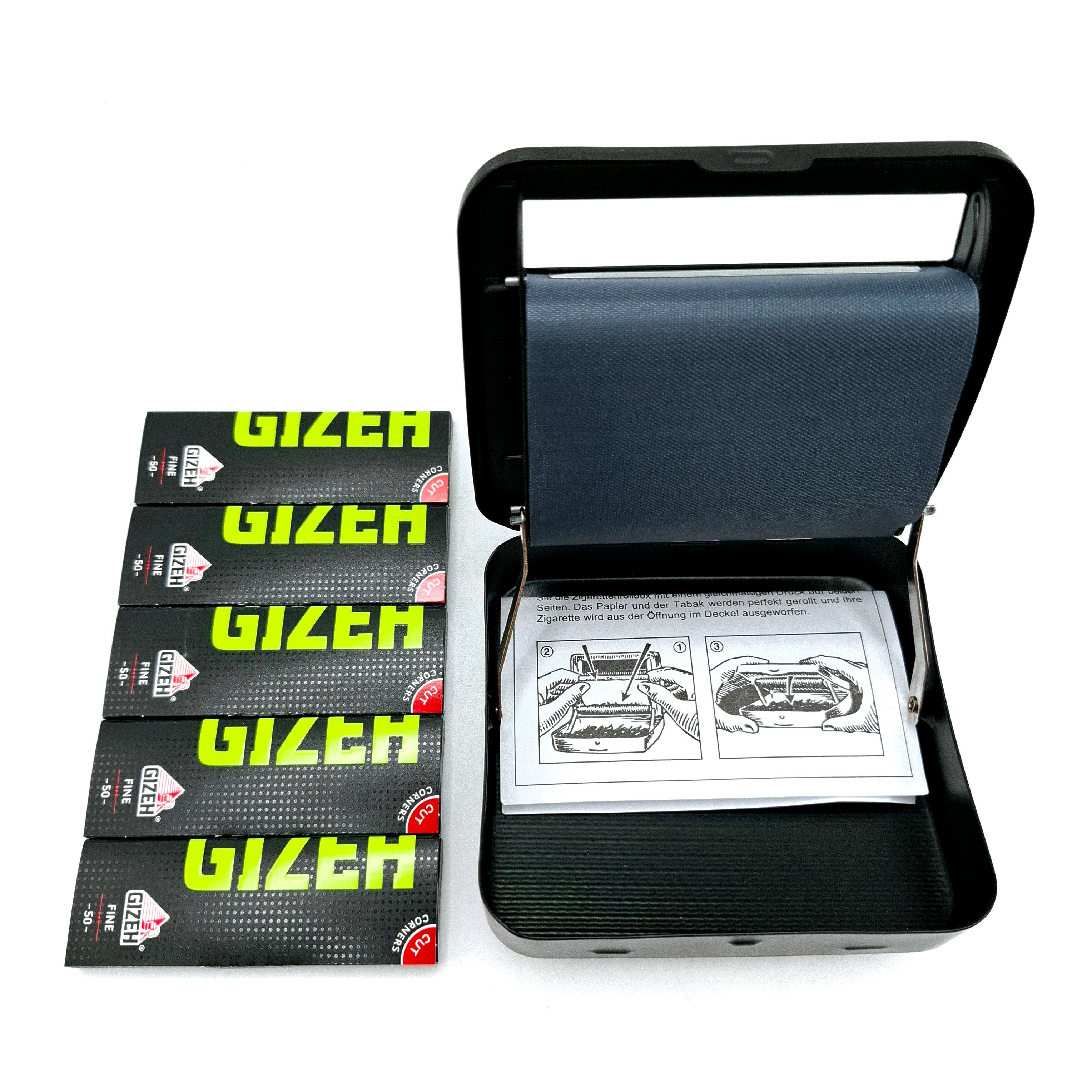 Gizeh Drehmaschine Rollmaschine aus Metall schwarz matt mit Gizeh Blättchen, (6-tlg), Drehbox für Selbstdreher