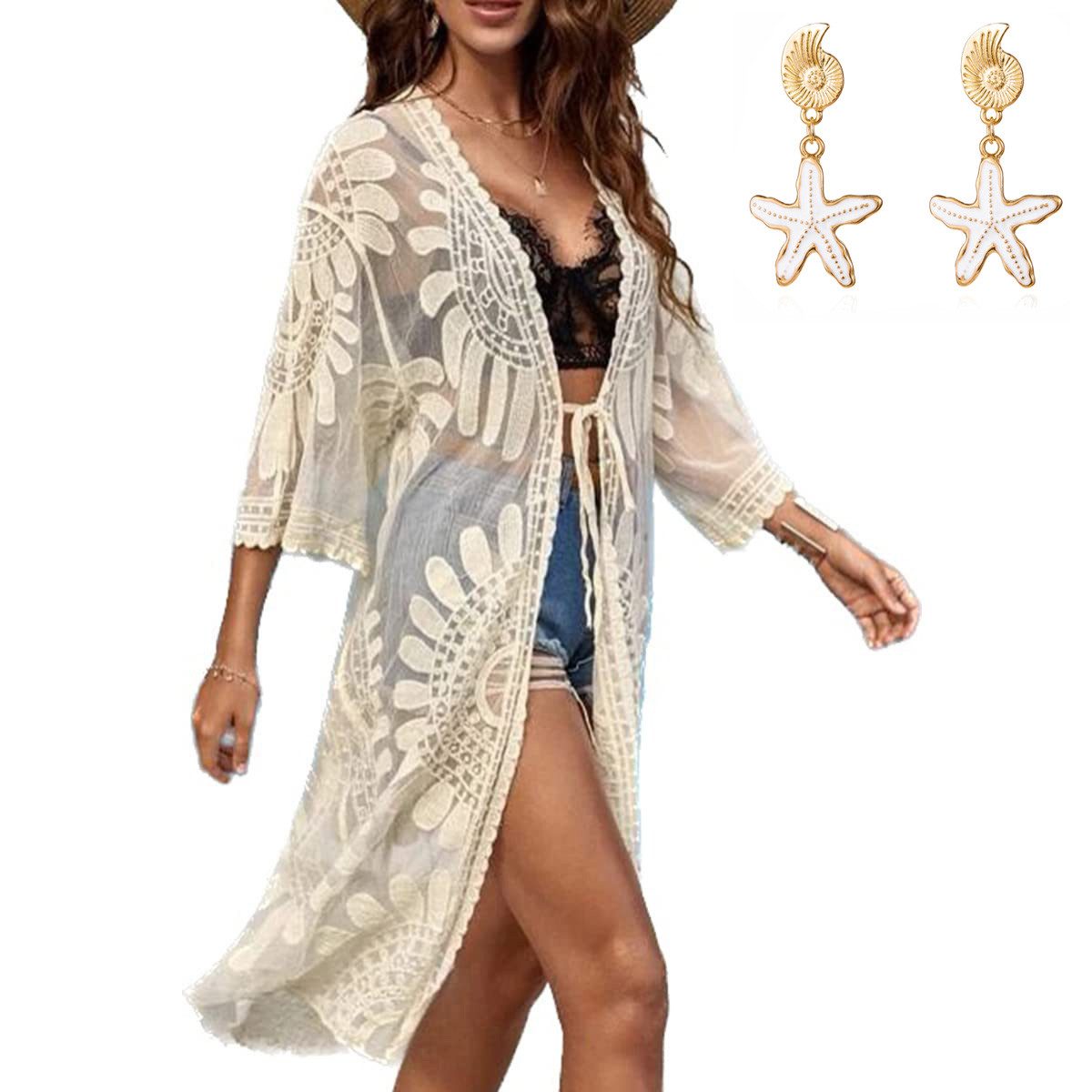 MOPUEA Strandkleid Kimono Sommerkleid Damen Boho Spitze Bikini Cover Up Cardigan (Set, 1-tlg., Vielseitig einsetzbar – ideal für Strand & Pool) Ausdrucksstarkes Design mit Blumenmuster